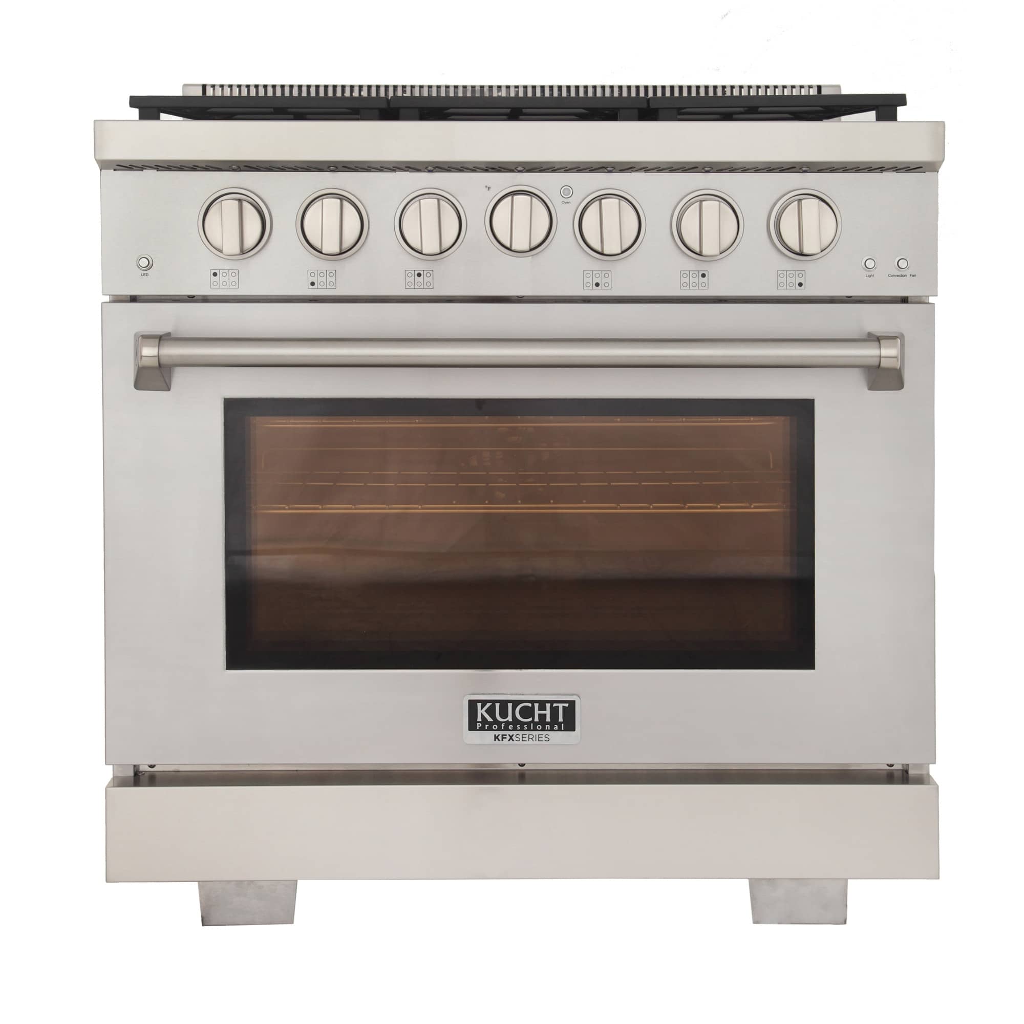 Stainless propane gas range front with control knobs and glass oven door