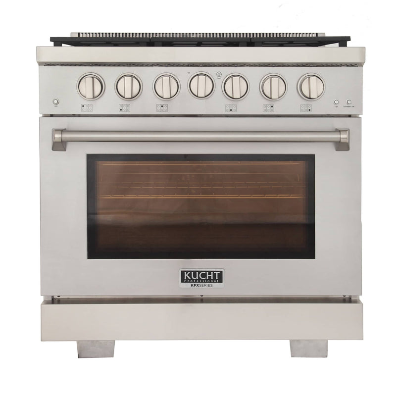 Kucht 5-Piece Appliance Package - 36-Inch Propane Gas Range, Refrigerator, Wall Mount Hood, Dishwasher, & Microwave Drawer in Stainless Steel (APK5-KFX360/LP-S-10A-MWD)