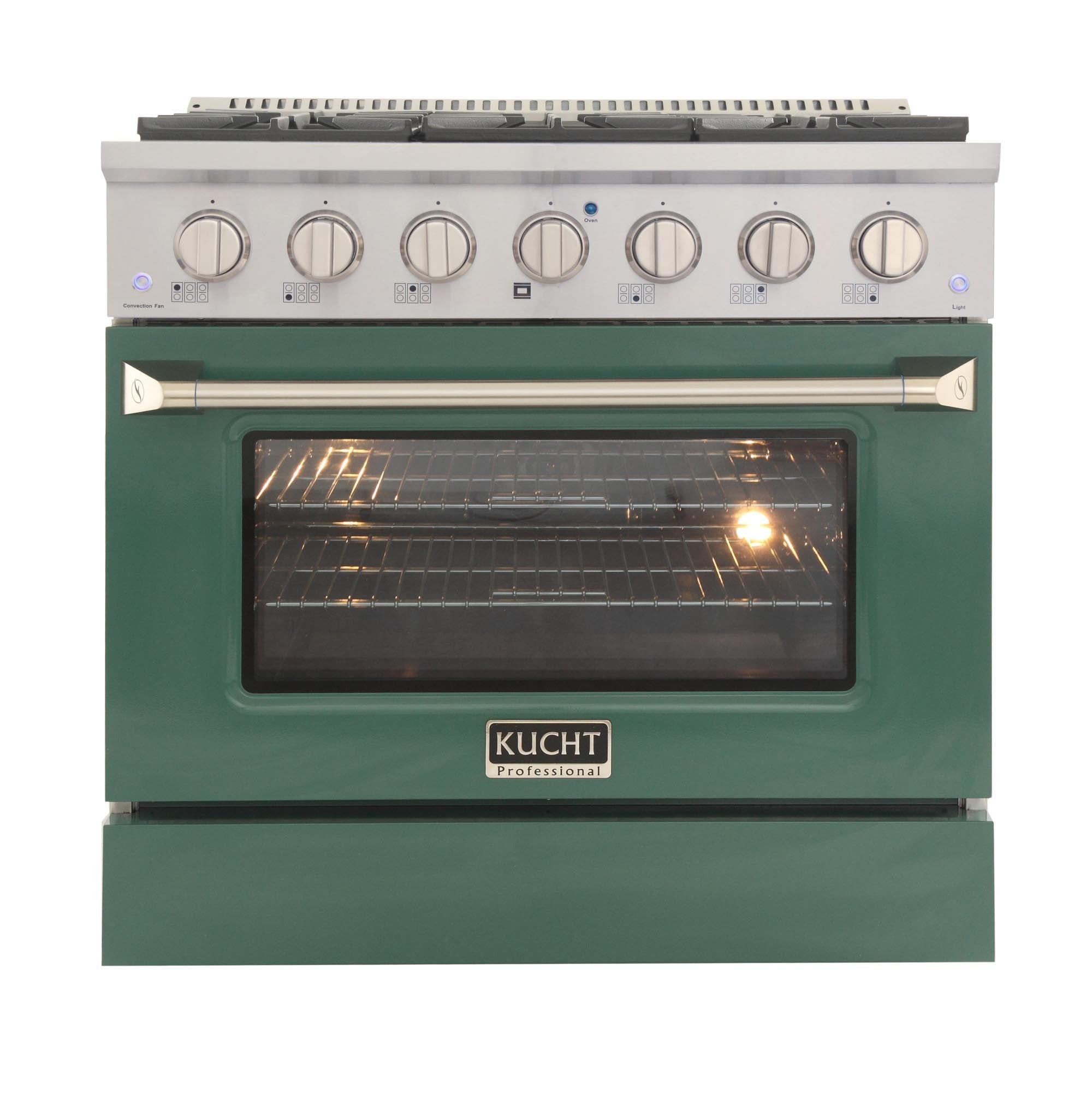 Green 36-inch gas range with oven door window and front control knobs.