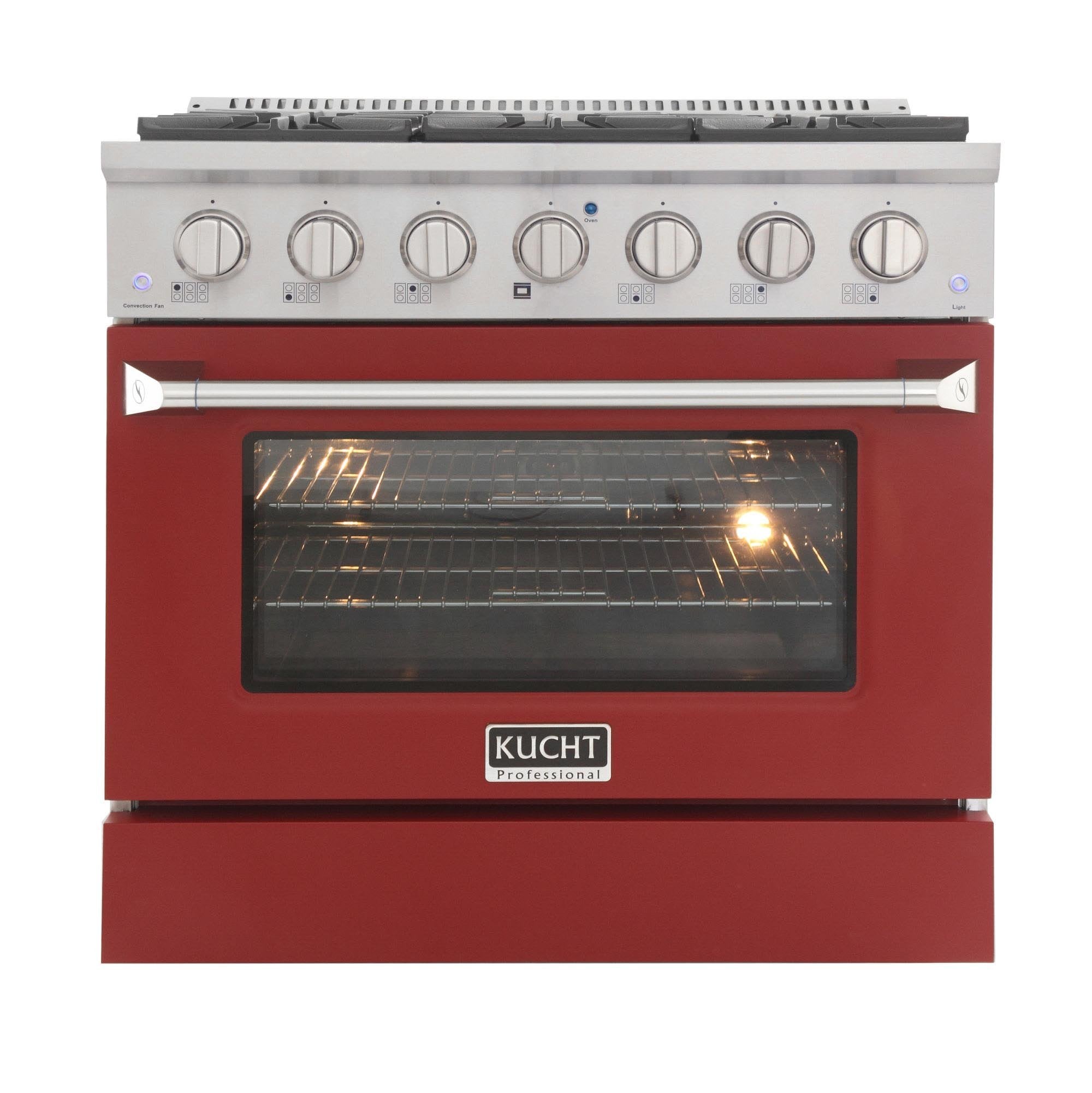 Red 36-inch propane gas range with sealed burners and convection oven door, stainless panel controls