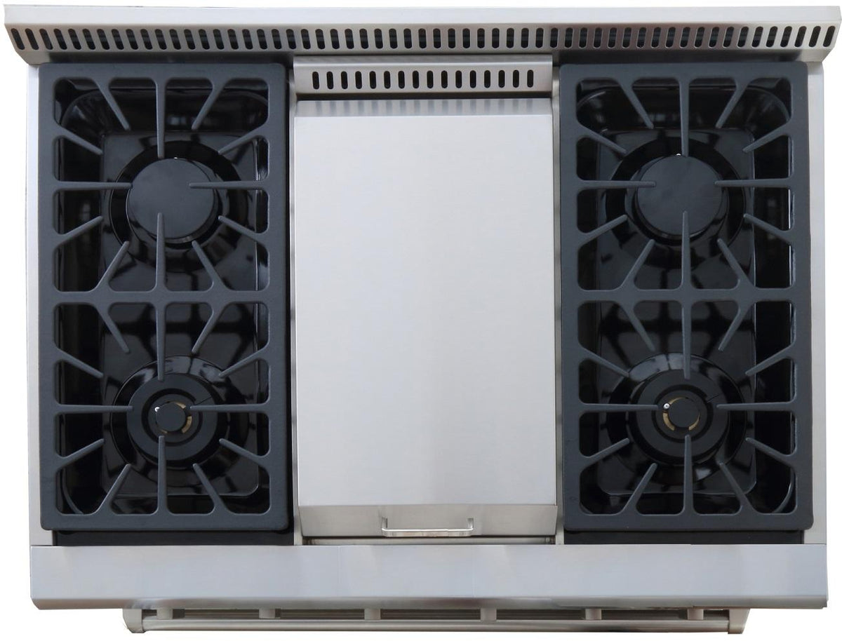 Stainless steel propane gas range front with two side burner grates and central oven panel