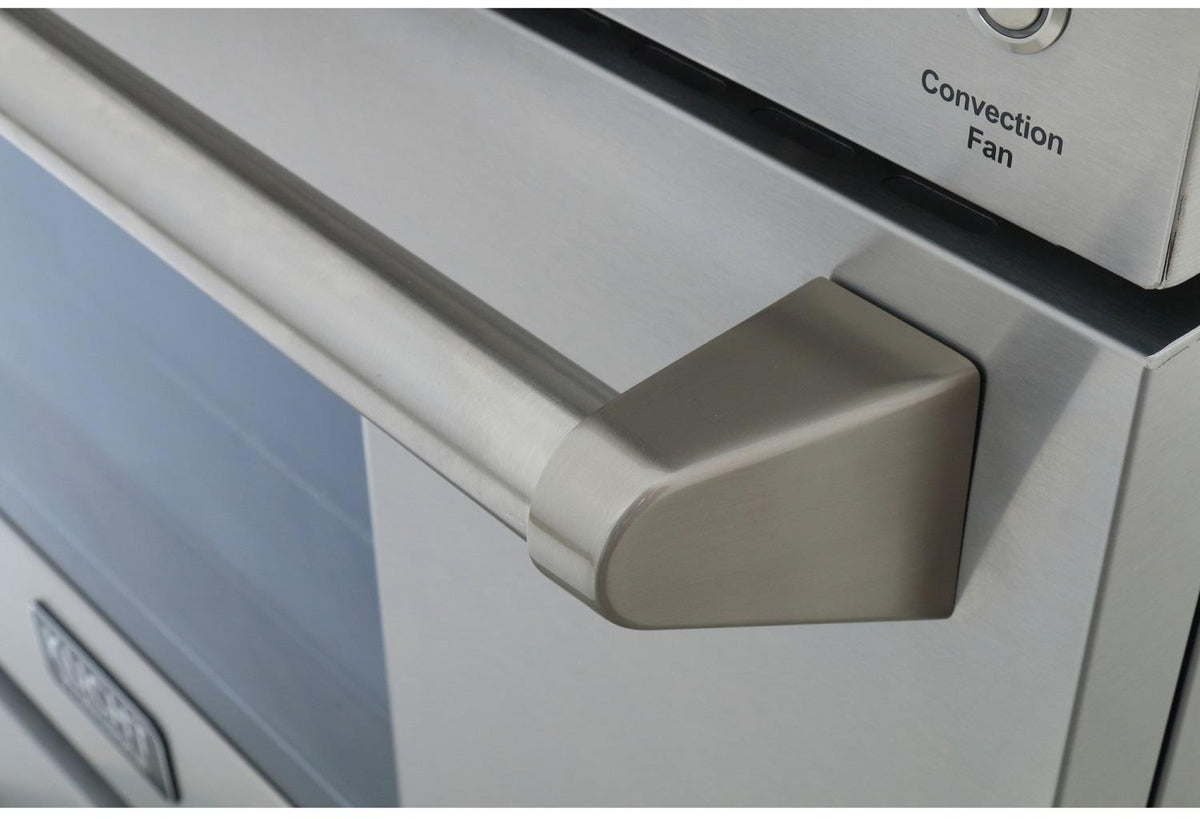 Stainless steel gas range oven door handle with convection fan controls