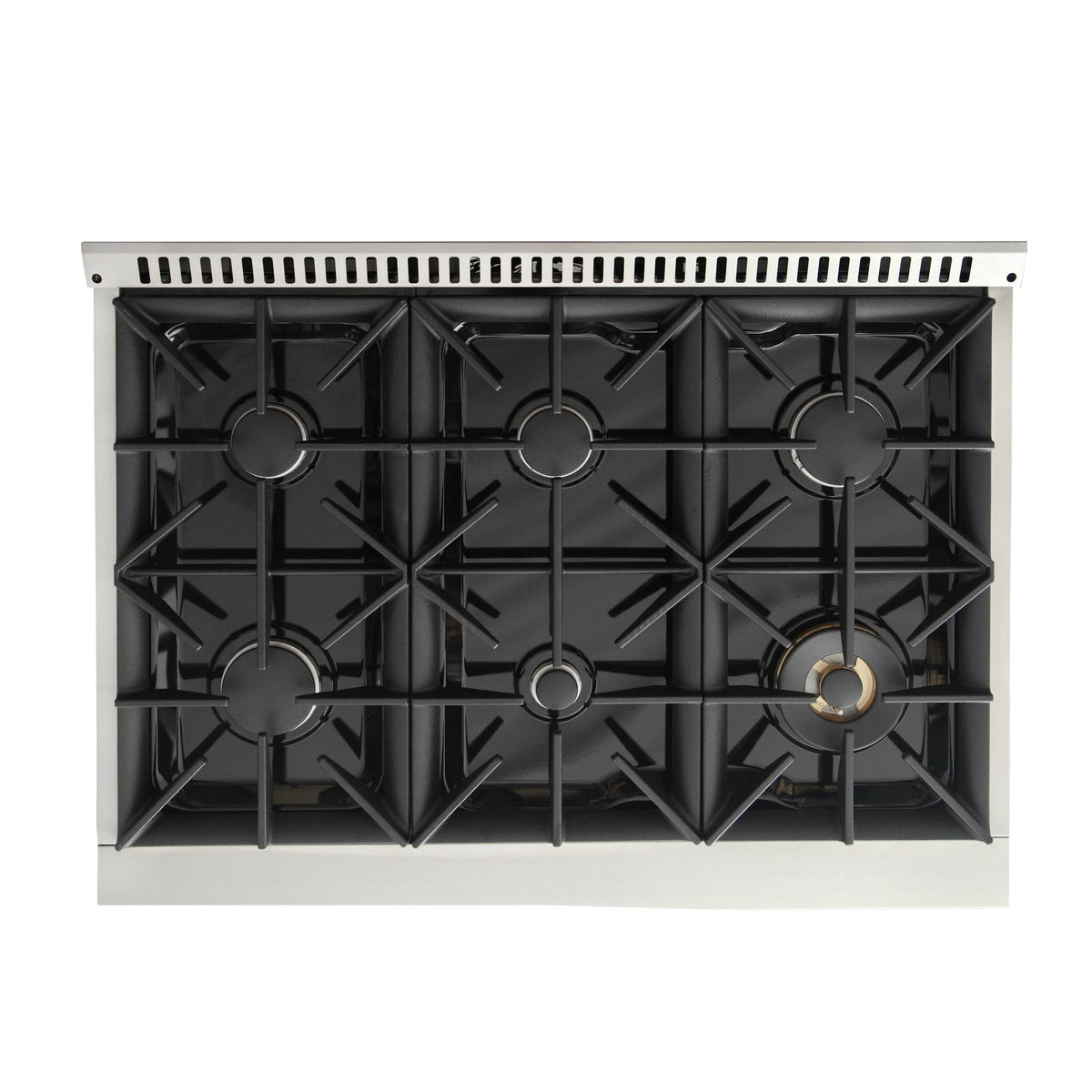 Black grill/griddle insert with circular burner openings on propane range cooktop