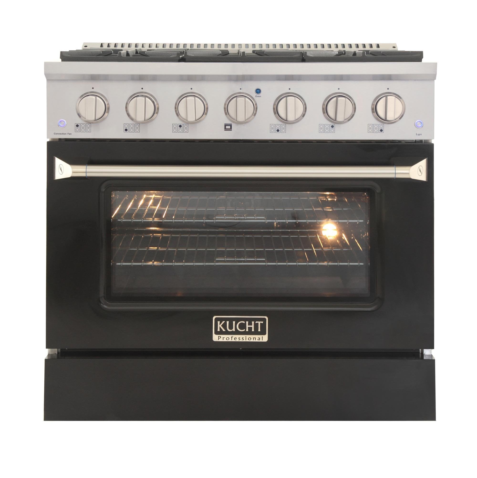 Black propane range with open oven door and lit convection oven interior