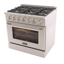 Kucht 4-Piece Appliance Package - 36-Inch Natural Gas Range with 5.2 Cu. Ft. Oven, 36-Inch Refrigerator with Water Dispenser, Dishwasher & Wall Mount Range Hood in Stainless Steel