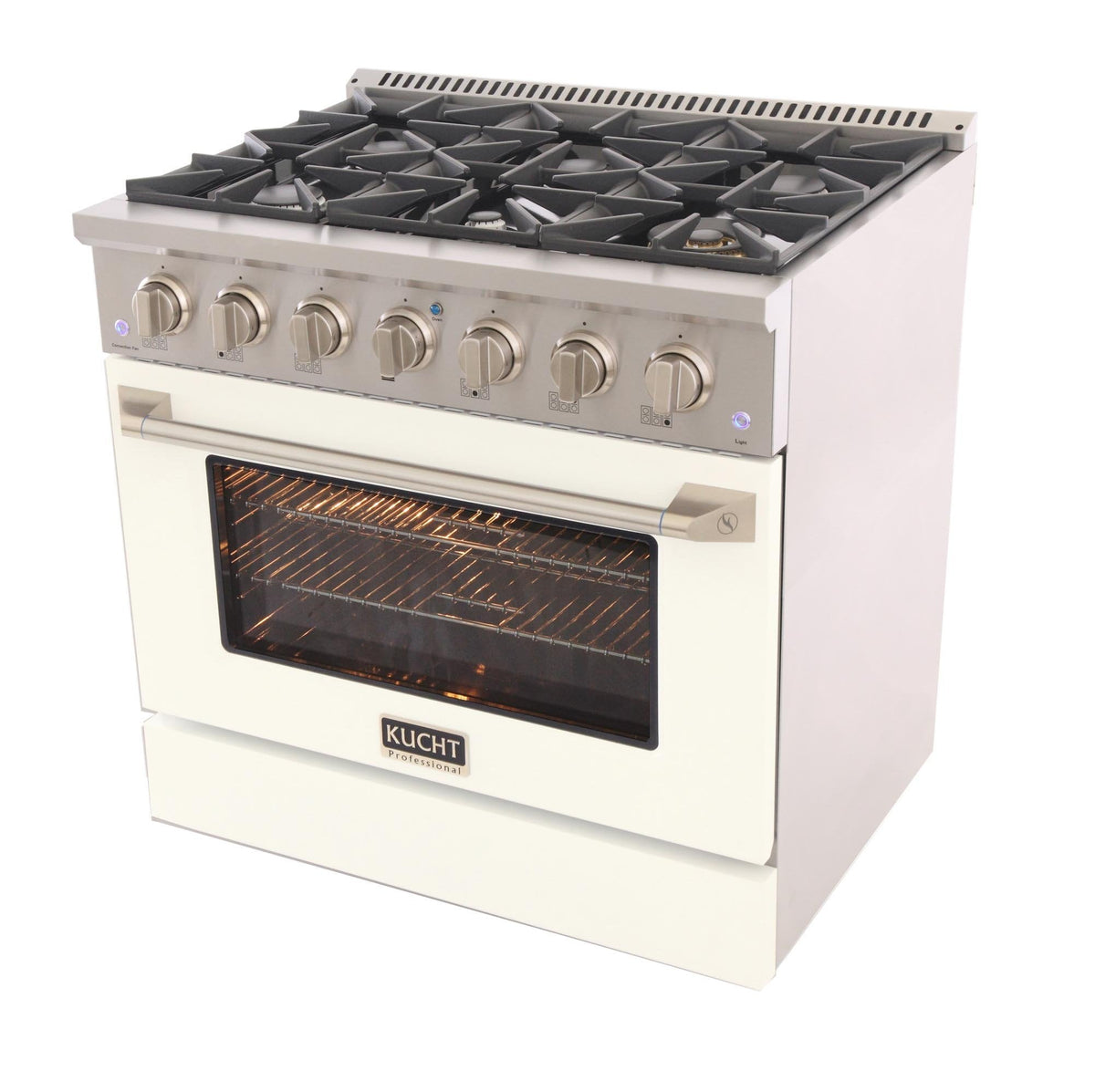 White propane gas range with 6 burner knobs and oven window, Kucht logo.