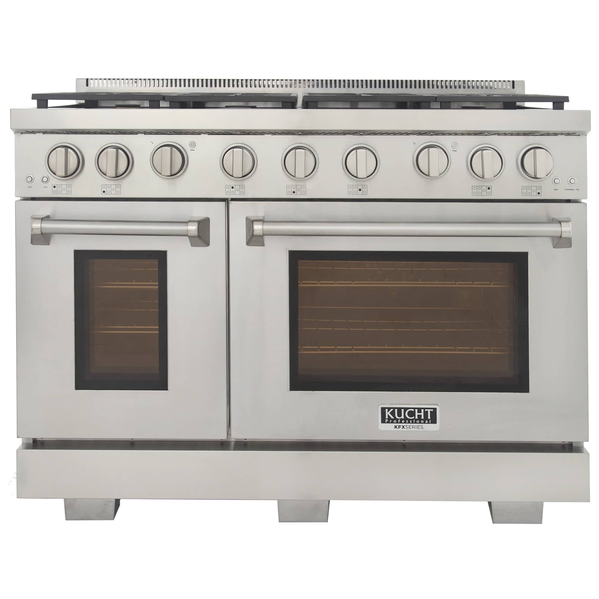 Kucht 48-inch propane gas range front view with dual ovens and six circular control knobs.