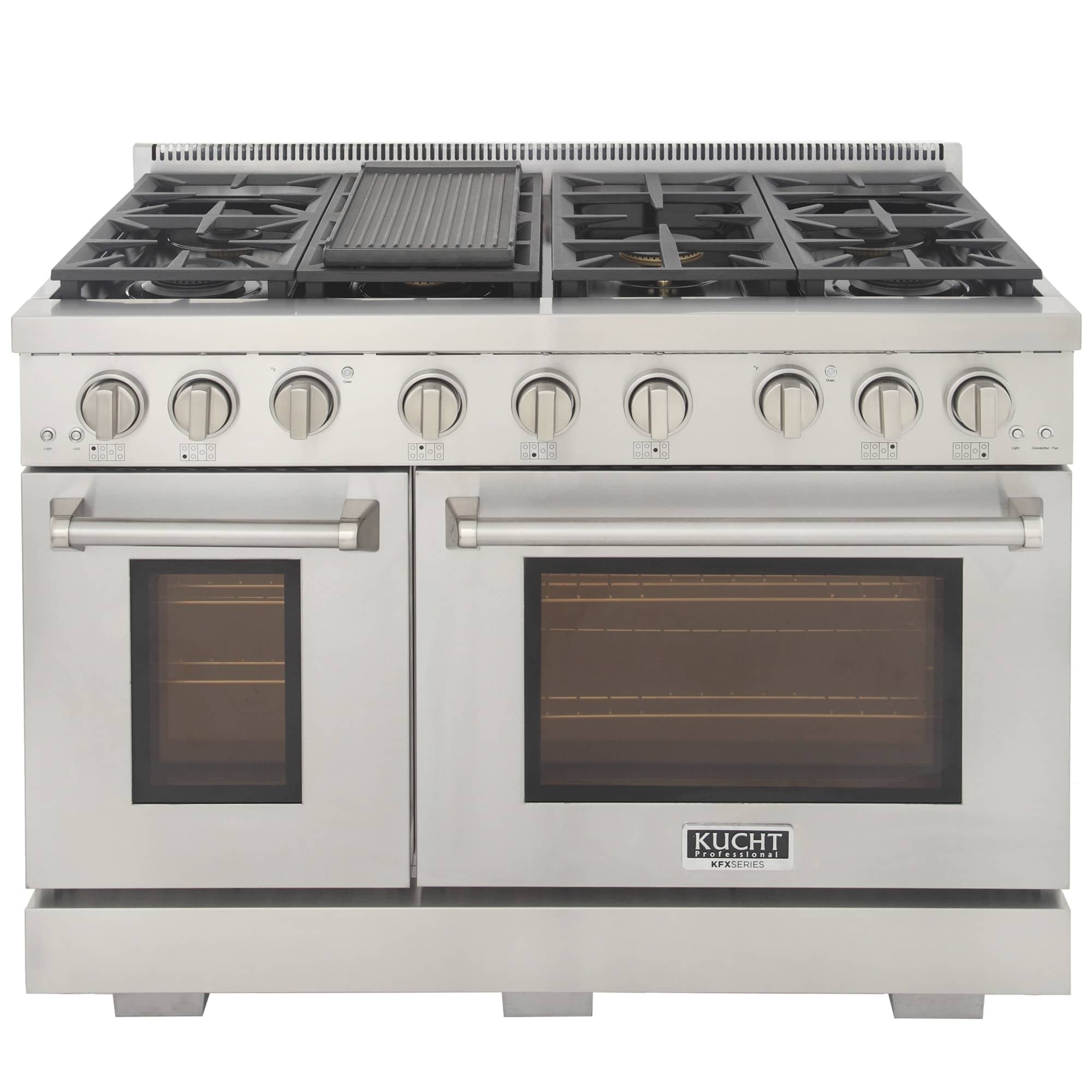 Kucht 48-inch propane gas range with six burners and dual oven doors, stainless steel.