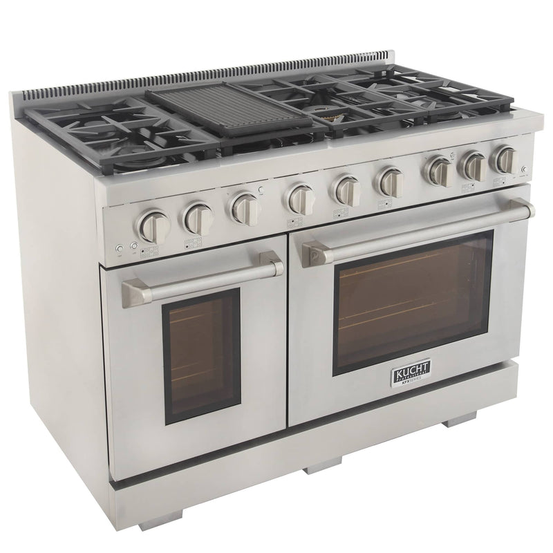Kucht 4-Piece Appliance Package - 48-Inch Propane Gas Range, Refrigerator, Under Cabinet Hood, & Dishwasher in Stainless Steel (APK4-KFX480/LP-S-20A)