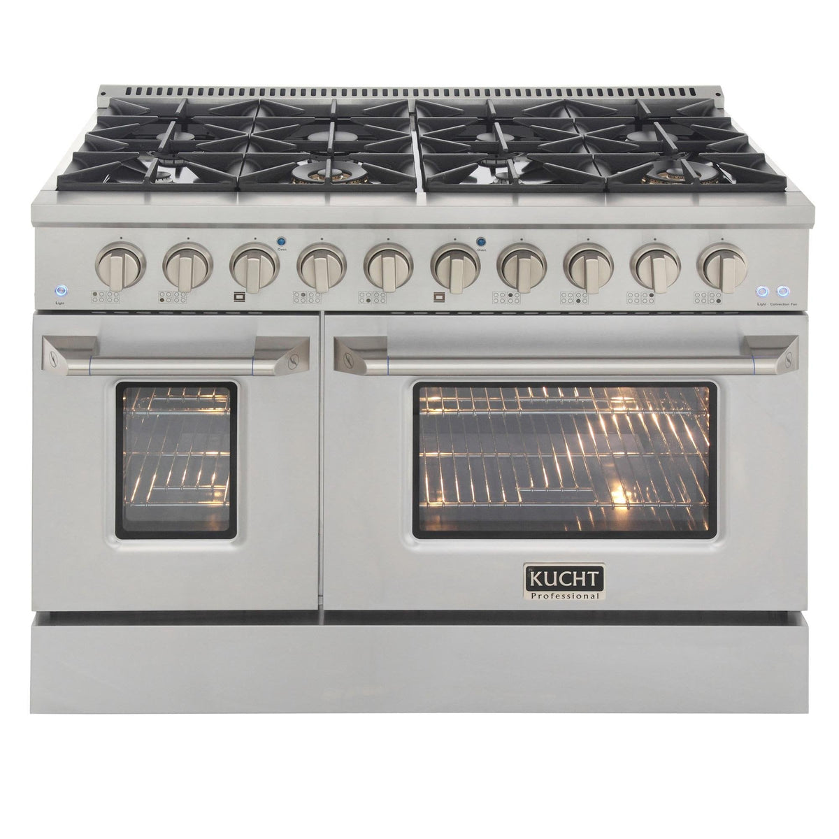 Stainless gas range with two oven windows and a double-burner cooktop