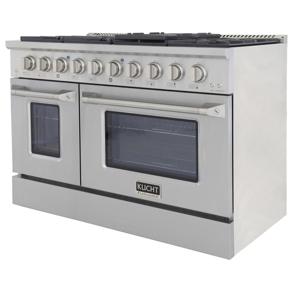 Stainless steel gas range front with cooktop knobs and dual oven doors
