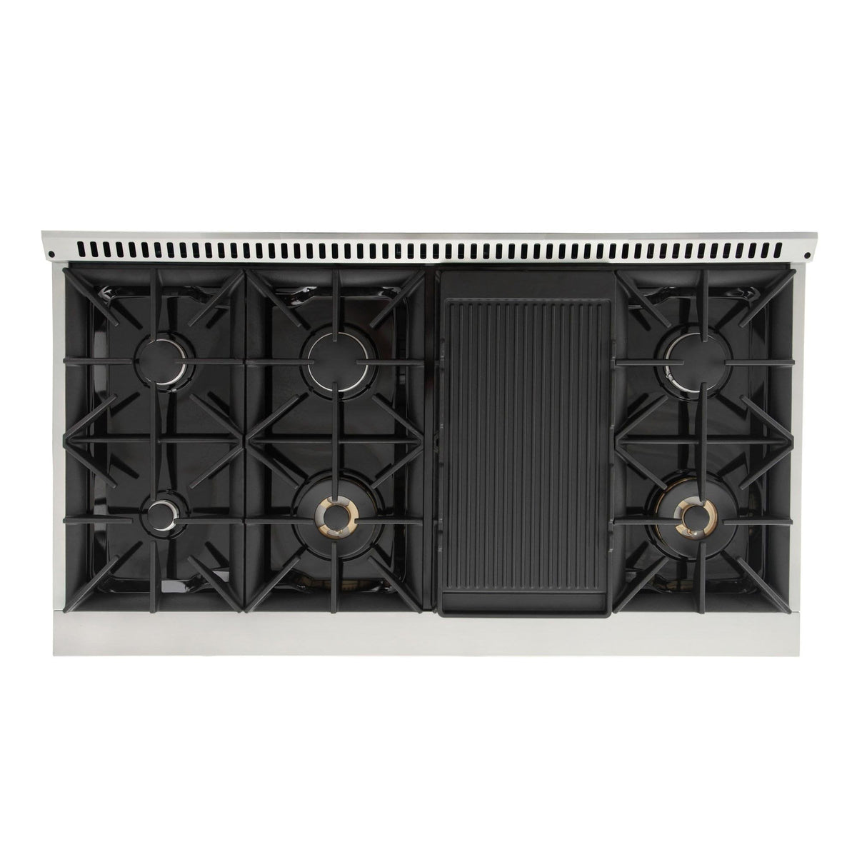 Gas range cooktop base with grates removed and black oven-style burner cover