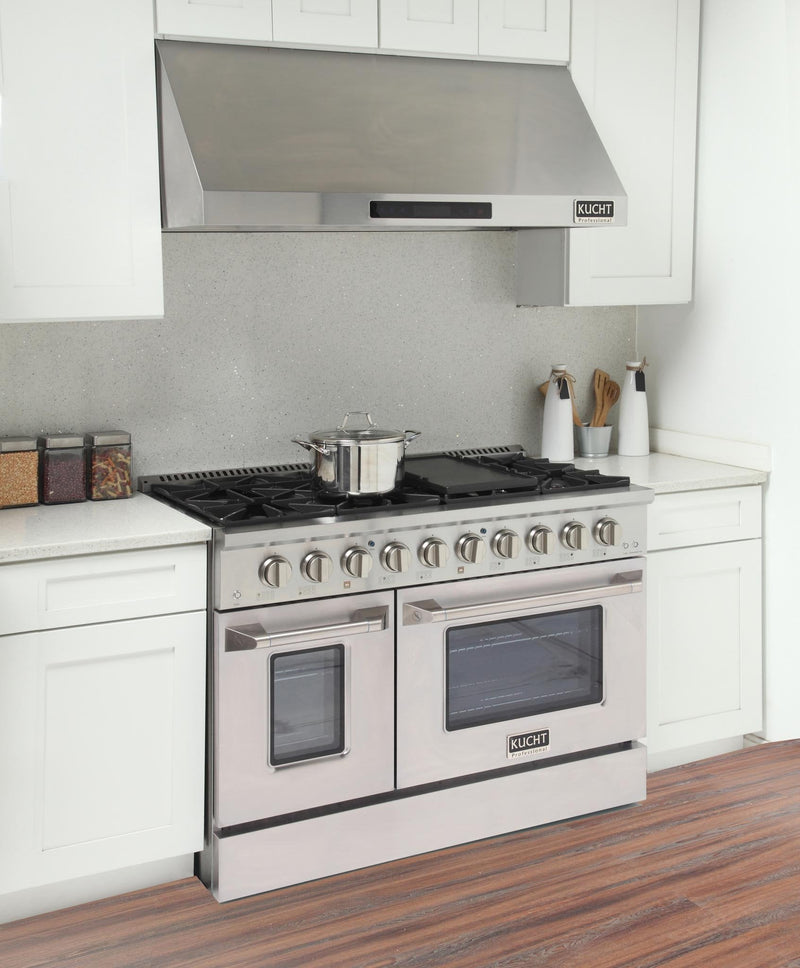 Kucht 5-Piece Appliance Package - 48-Inch Propane Gas Range, Refrigerator, Under Cabinet Hood, Dishwasher, & Microwave Oven in Stainless Steel (APK5-KNG481/LP-S-20A-MWO)
