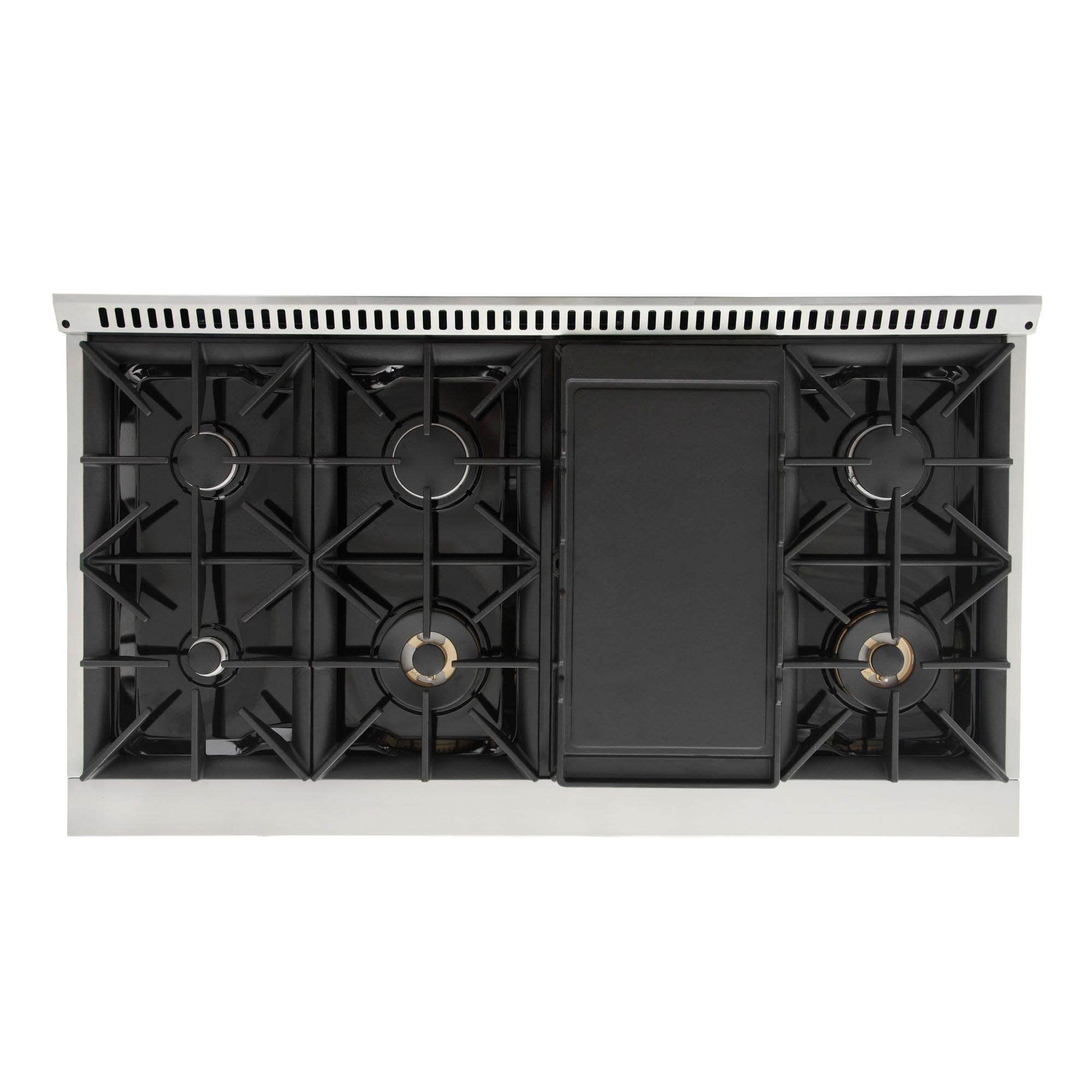 Stainless steel gas range burner grates with black burner caps and open top