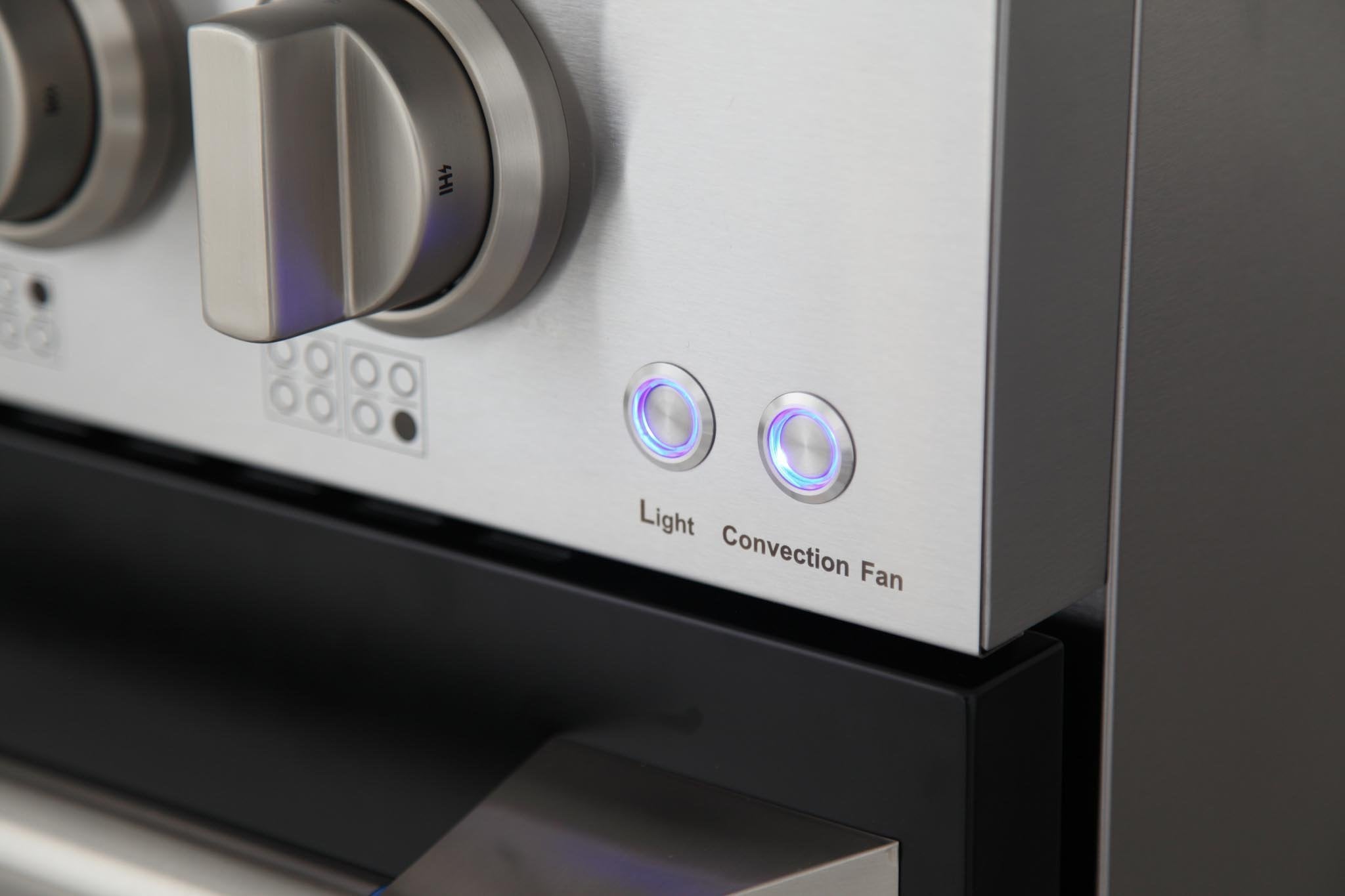 Stainless control panel with “Light” and “Convection Fan” buttons, knobs beside