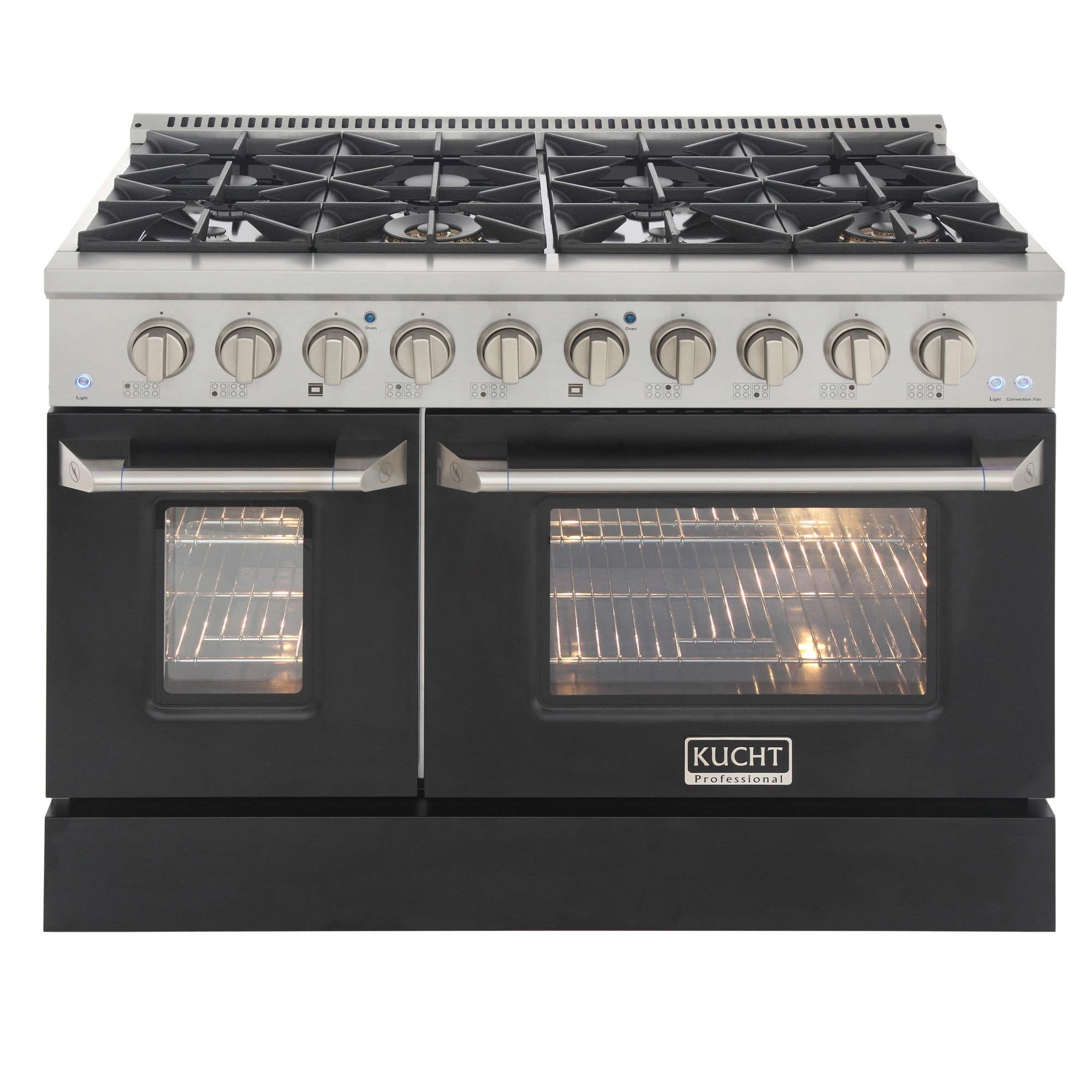 Black propane gas range front view with lit oven windows and six burner knobs