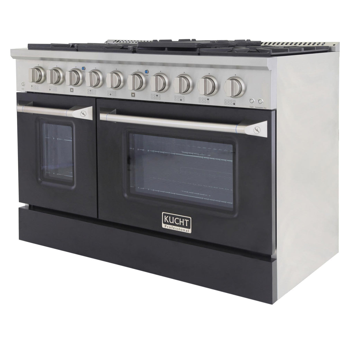 Black propane gas range with side control knobs, windowed oven doors, and backguard