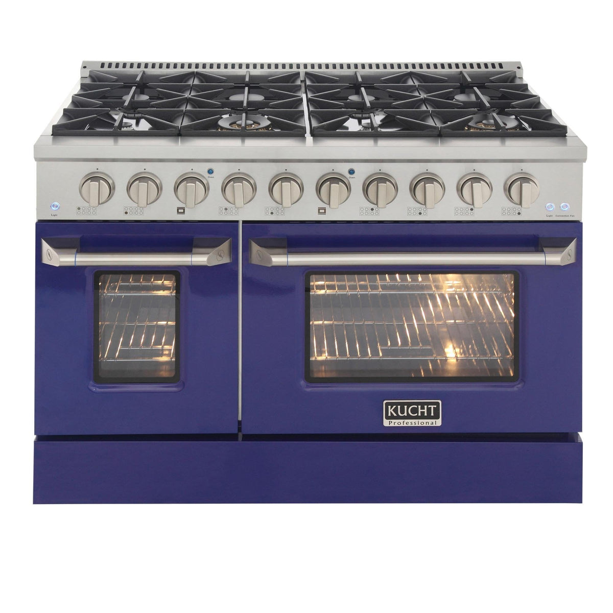 Blue propane gas range with grill/griddle grates and two oven doors