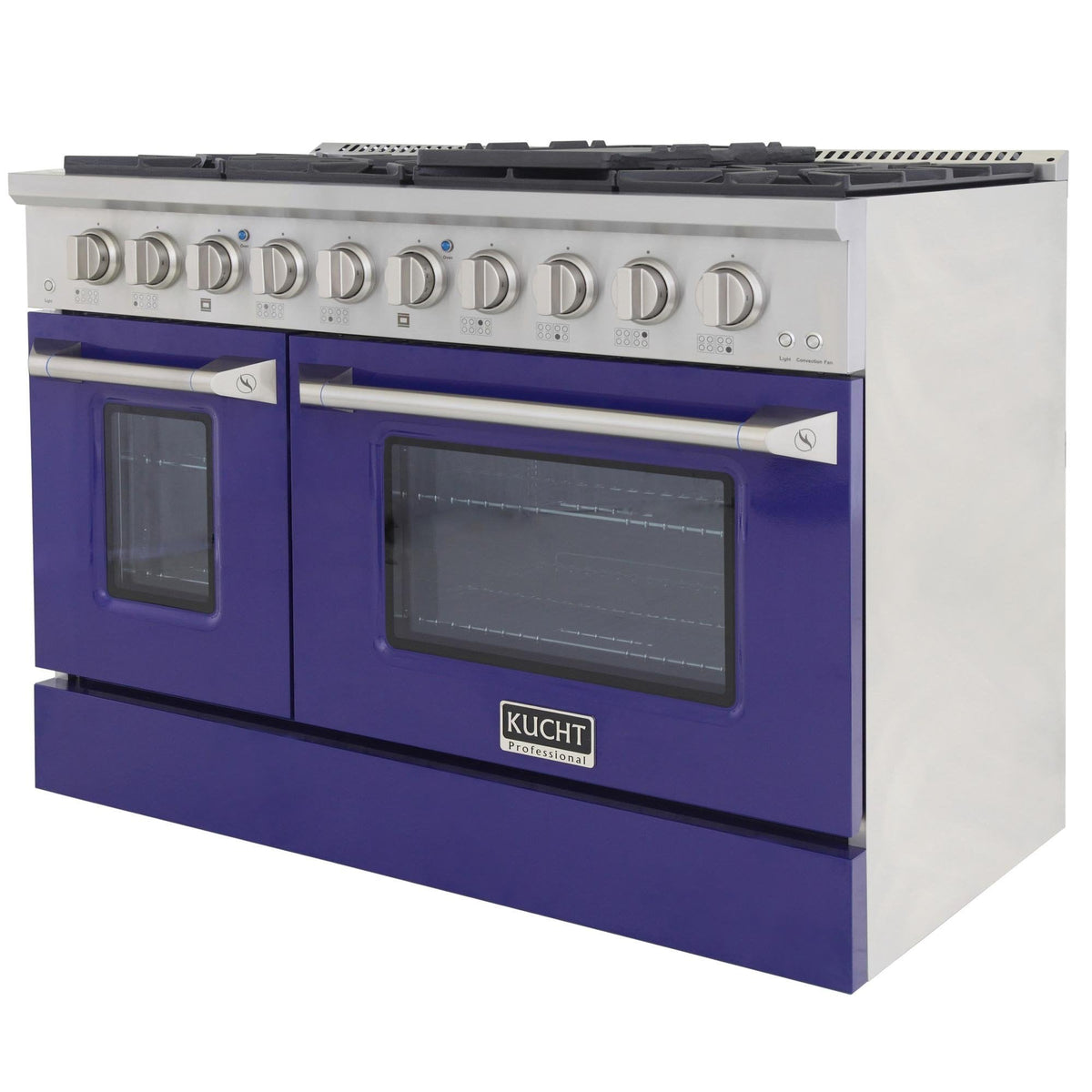 Blue propane gas range with two oven doors, handle, and control knob row