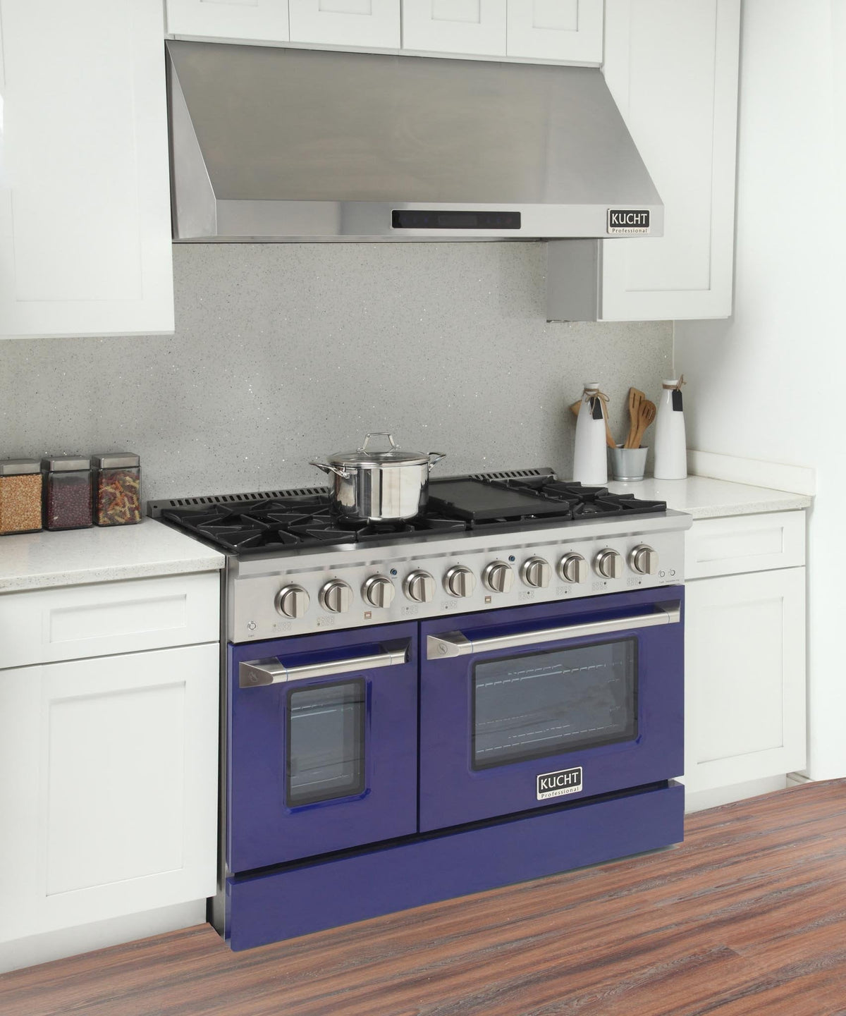 Blue propane gas range with cooktop grates, two oven doors, and control knobs