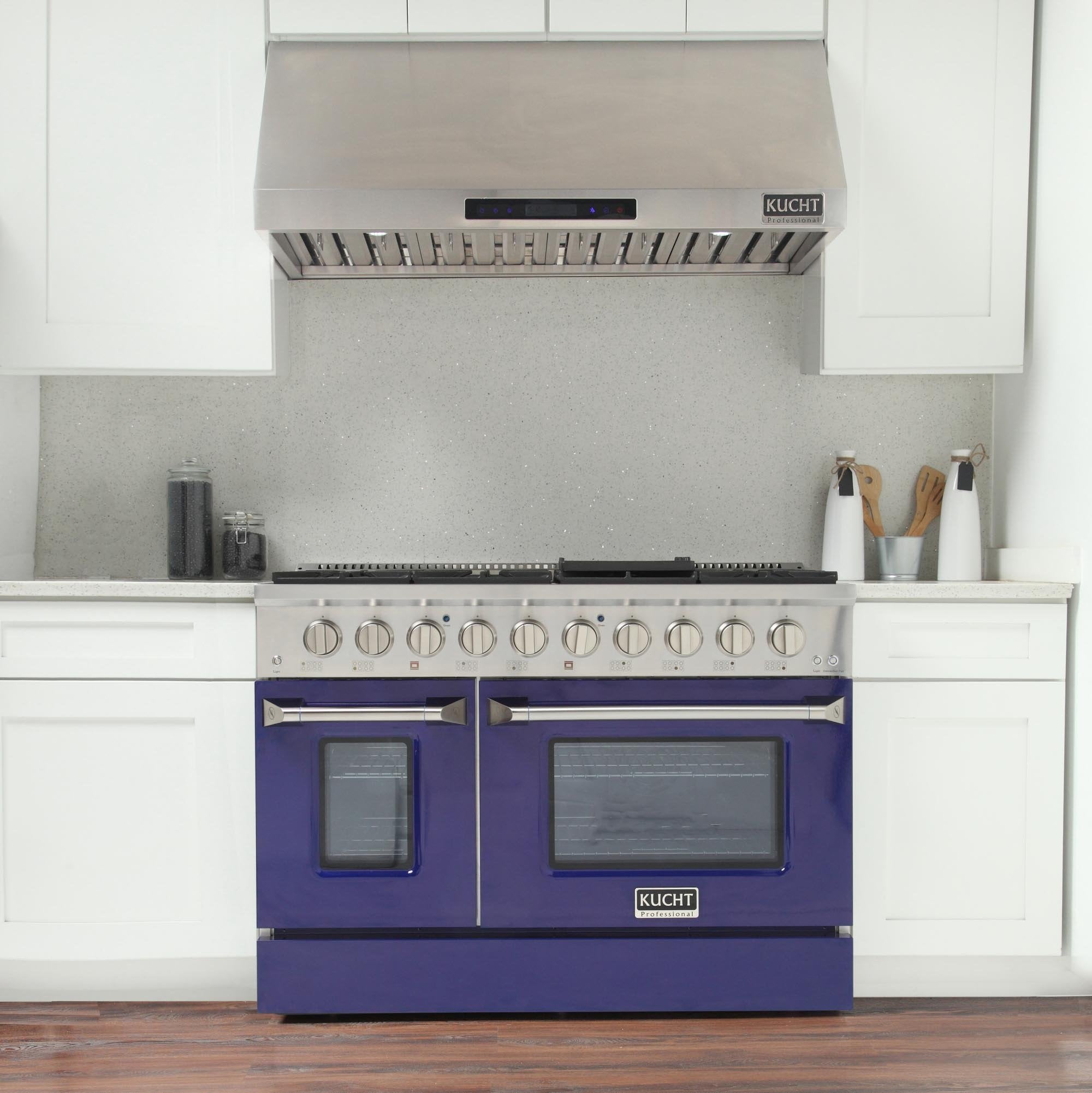 Blue propane gas range with two oven windows and front row of control knobs
