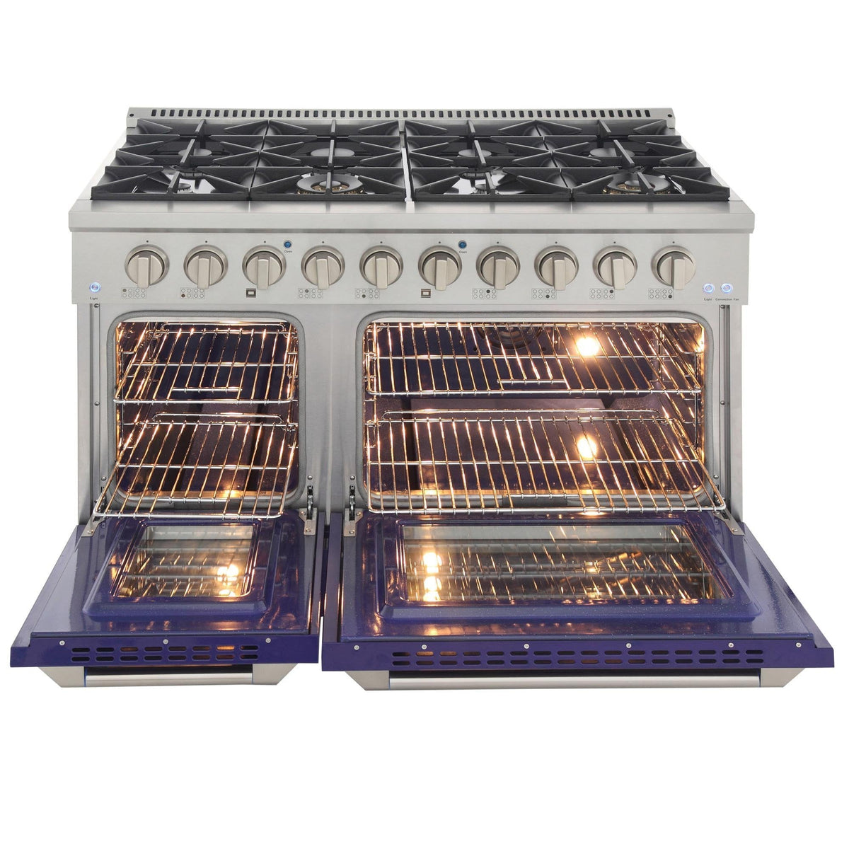 Blue propane gas range with open oven racks and lit oven interiors