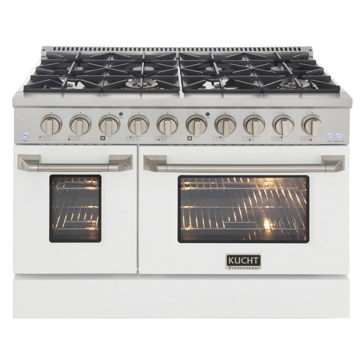 White propane gas range with exposed burners and glowing ovens behind dark windows