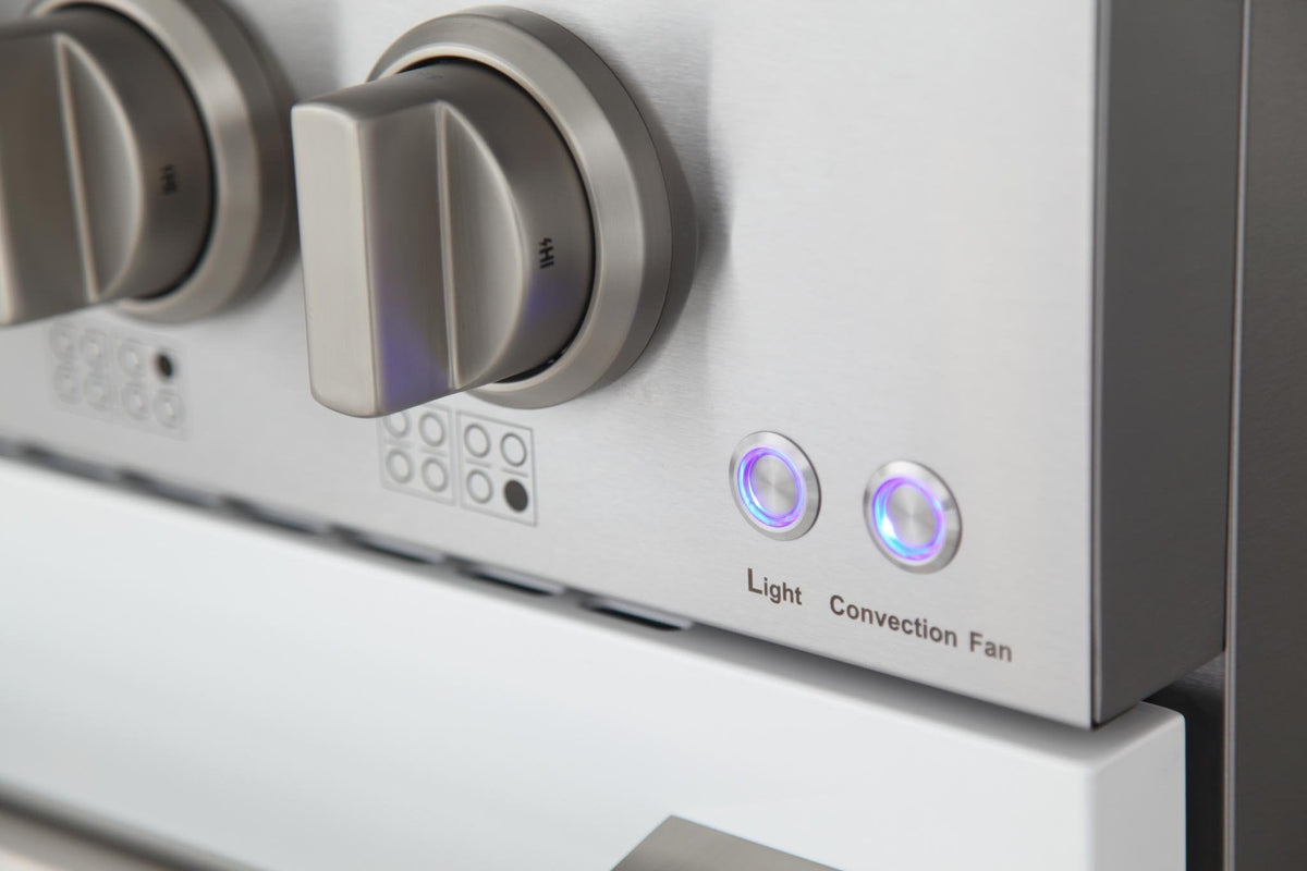 Propane gas range control panel with knobs and “Light Convection Fan” indicator