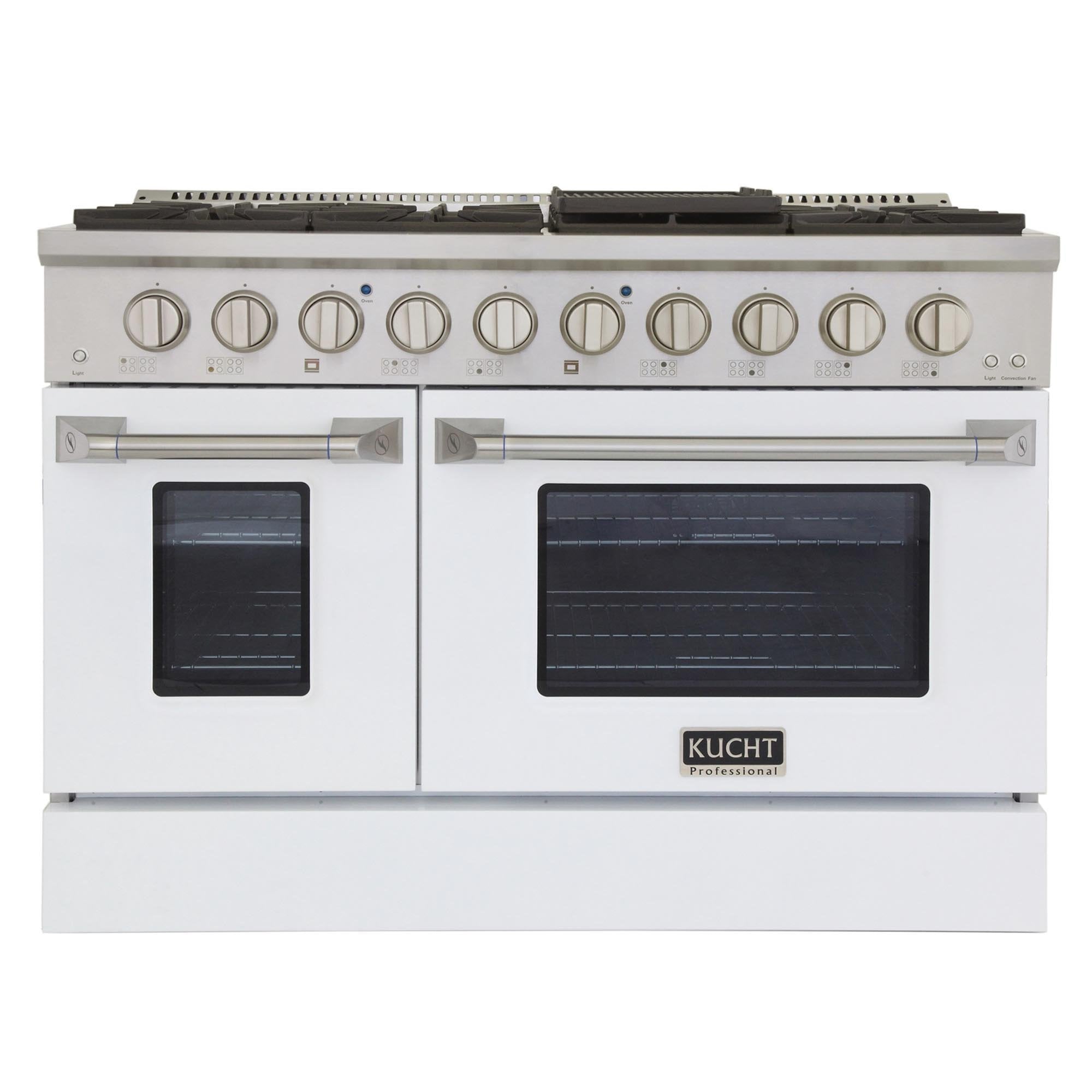 White propane gas range with six burners, two ovens, and front control knobs