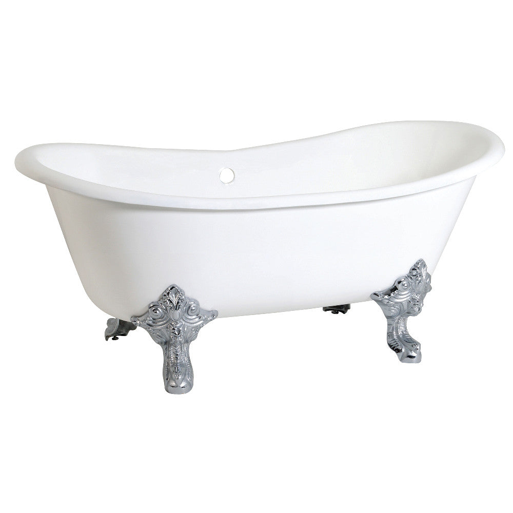 White oval double-slipper clawfoot cast iron tub with polished chrome feet