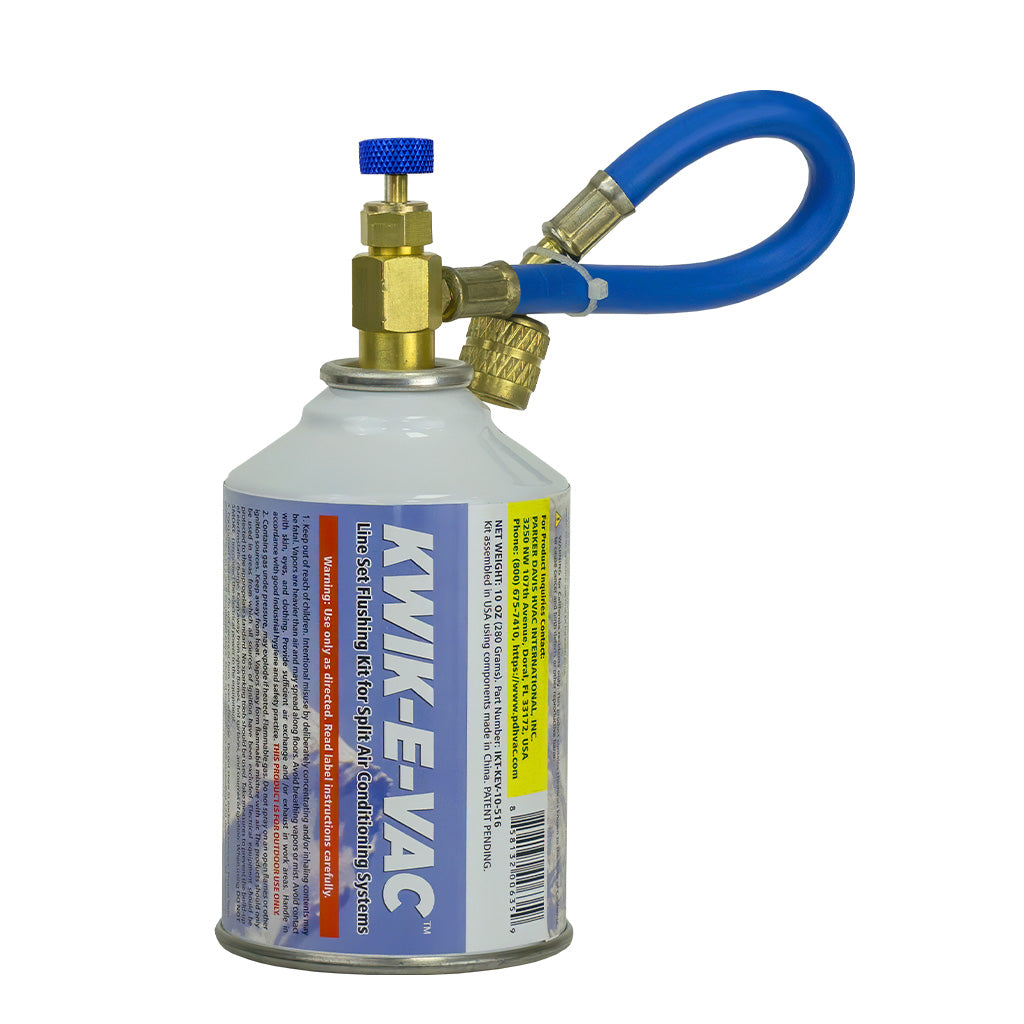 Line flushing kit canister with brass valve and blue hose