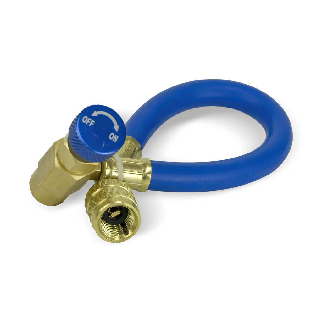 Brass flushing adapter with blue hose and ON/OFF knob