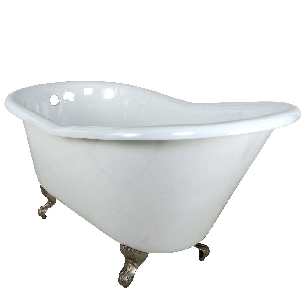 White oval cast iron slipper clawfoot tub with glossy finish and metal claw feet