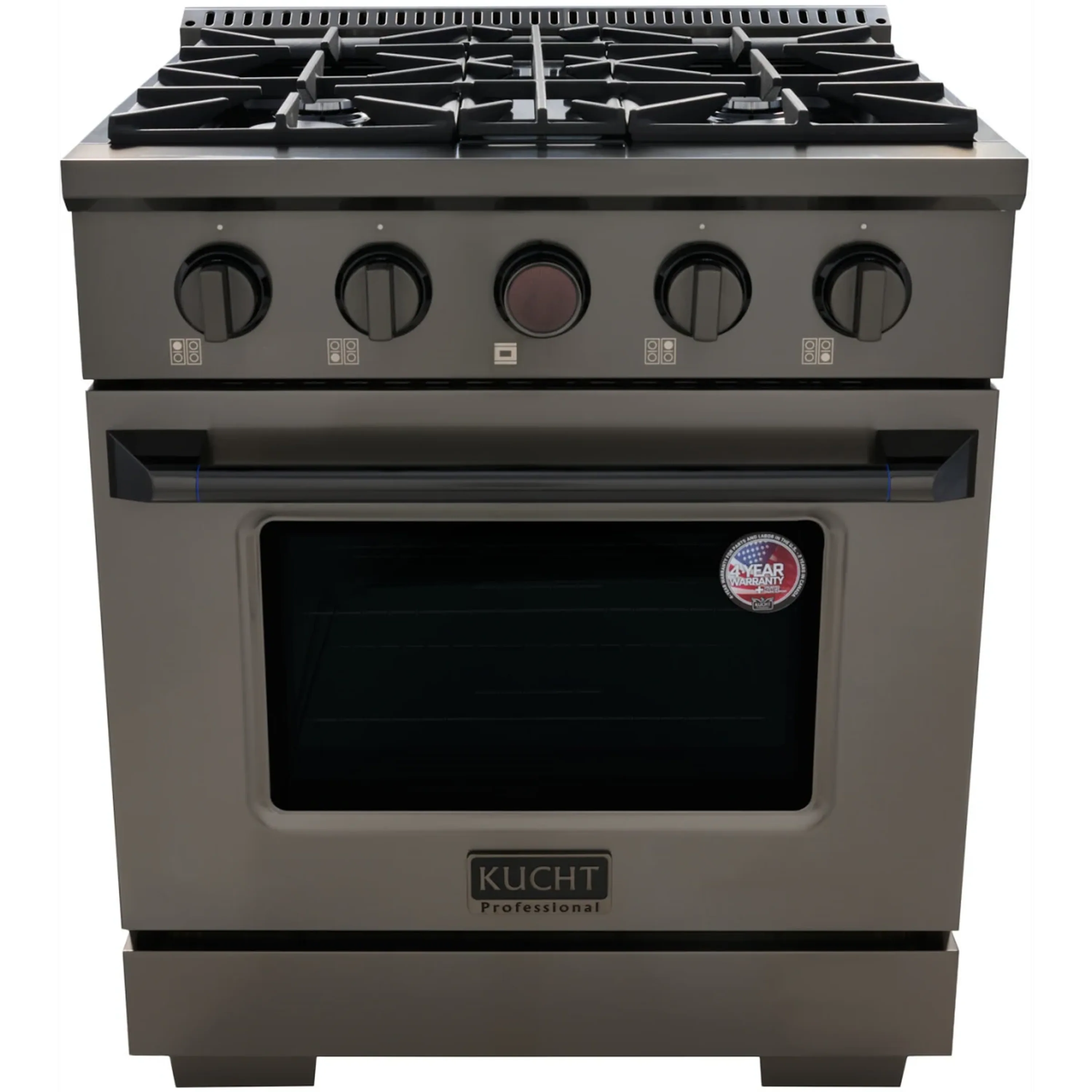 Titanium stainless gas dual-fuel range front with 5 black control knobs