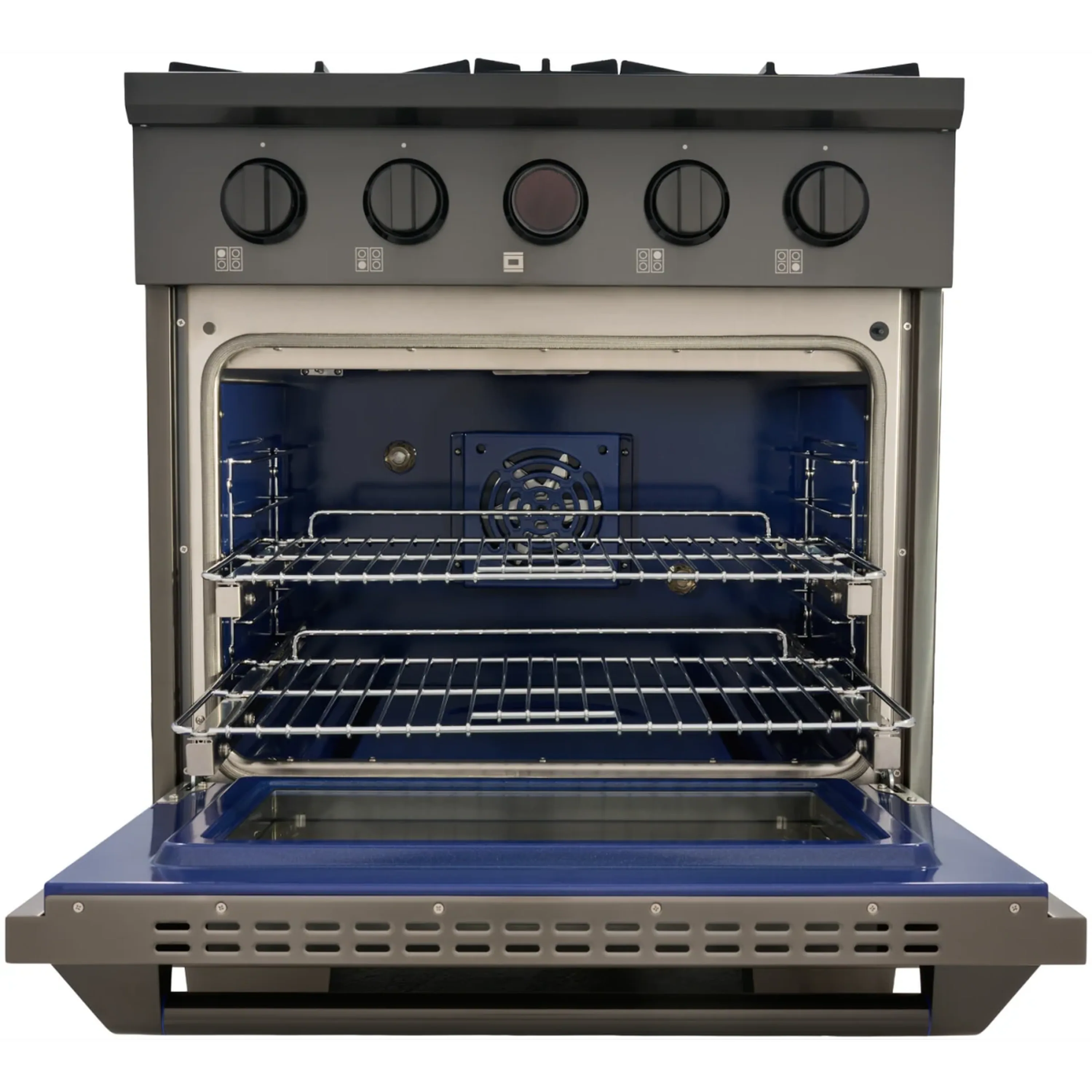 Gas dual-fuel range oven cavity with blue base and multiple wire racks