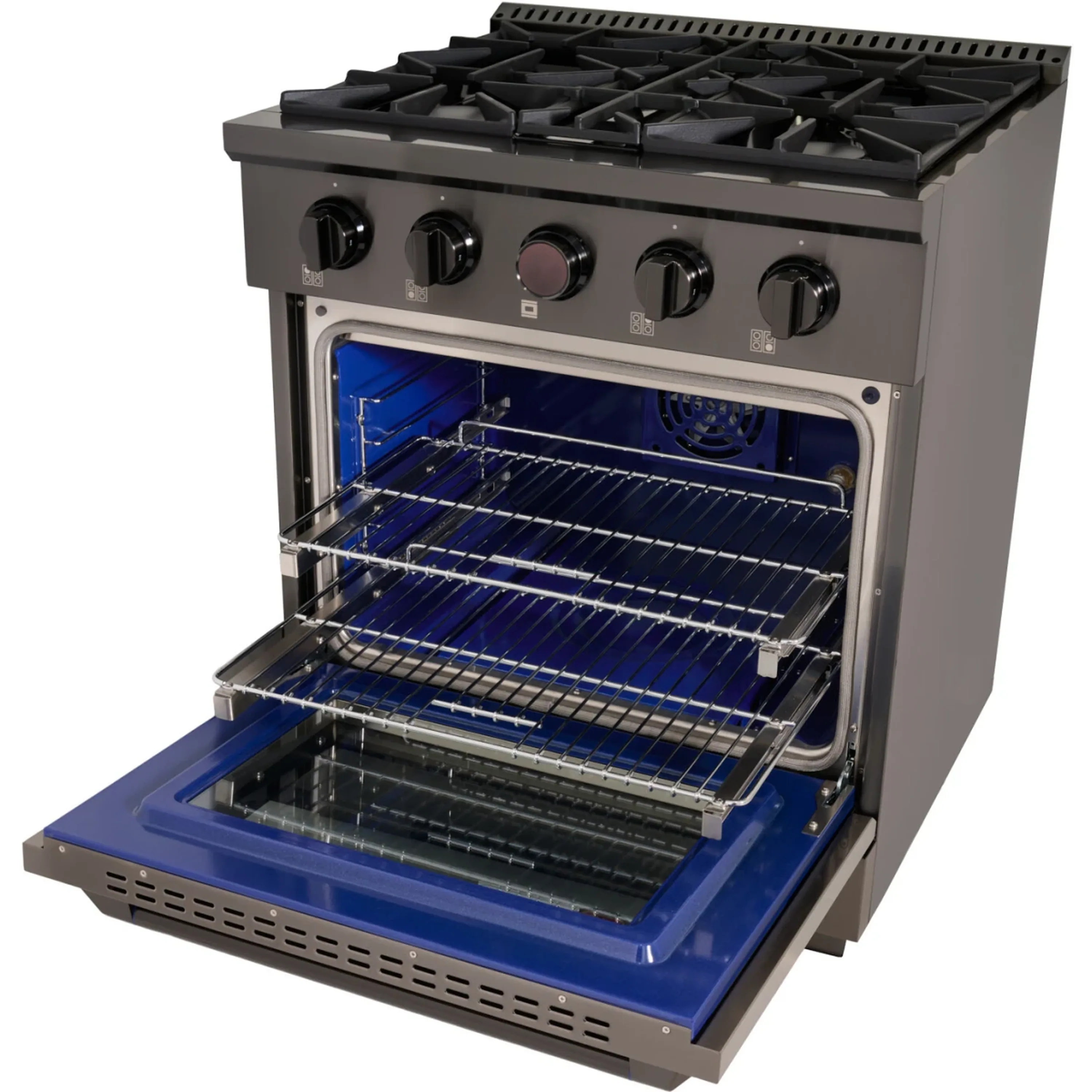Gas dual-fuel range with oven door open showing blue interior and wire racks