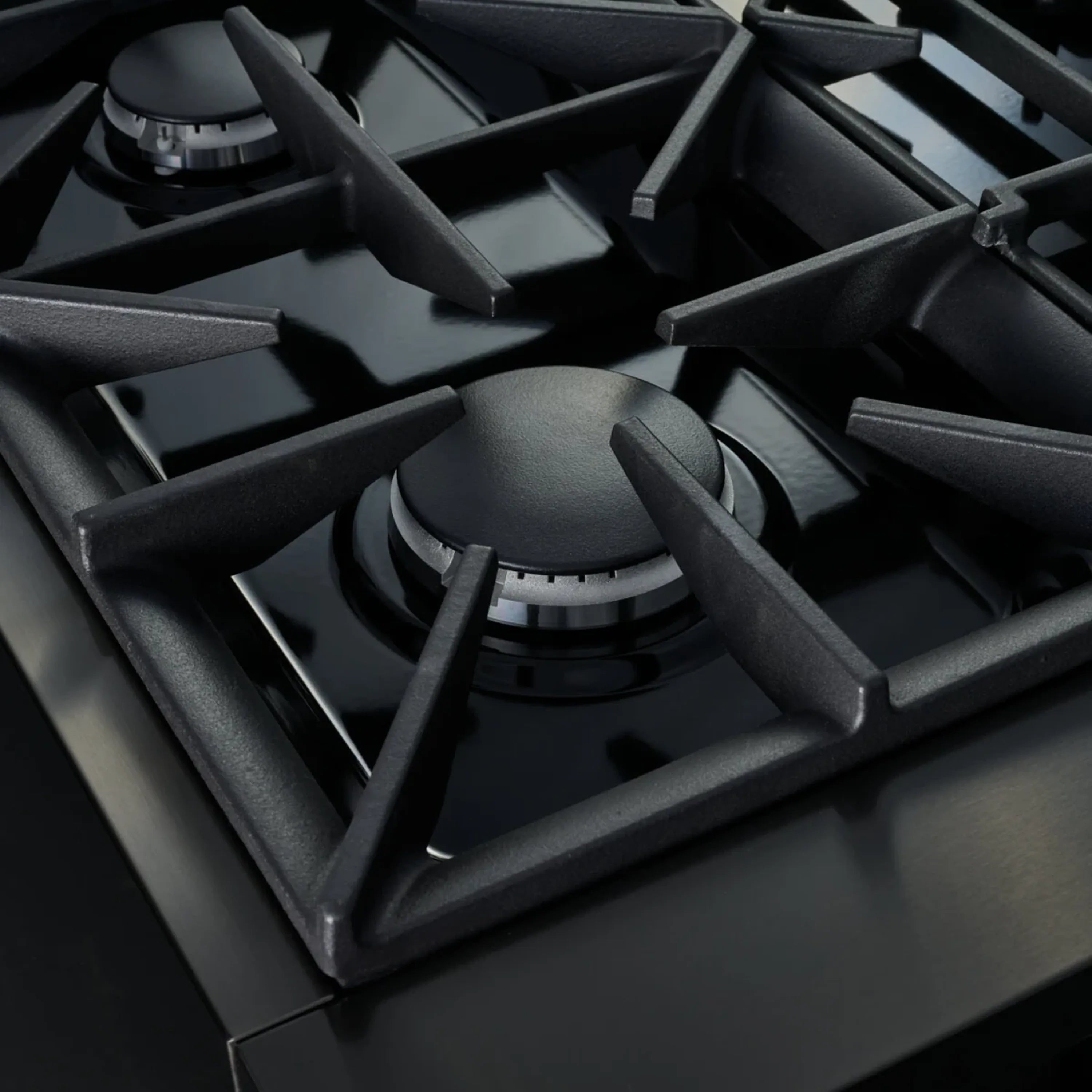 Gas dual-fuel range burner grates with black cast iron supports