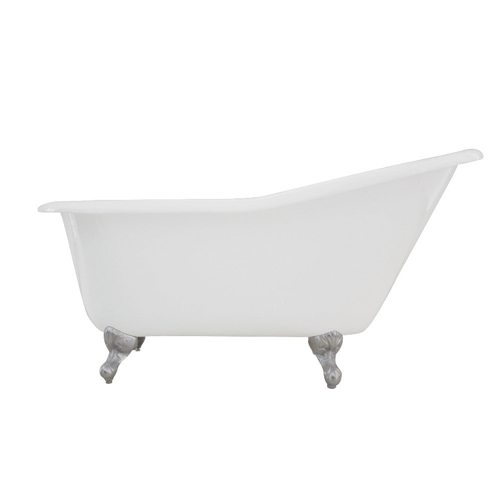 White oval slipper clawfoot tub, polished chrome feet; no faucet openings
