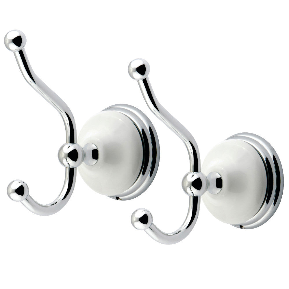 Polished chrome Victorian robe hook with two curved arms and round mounting plates