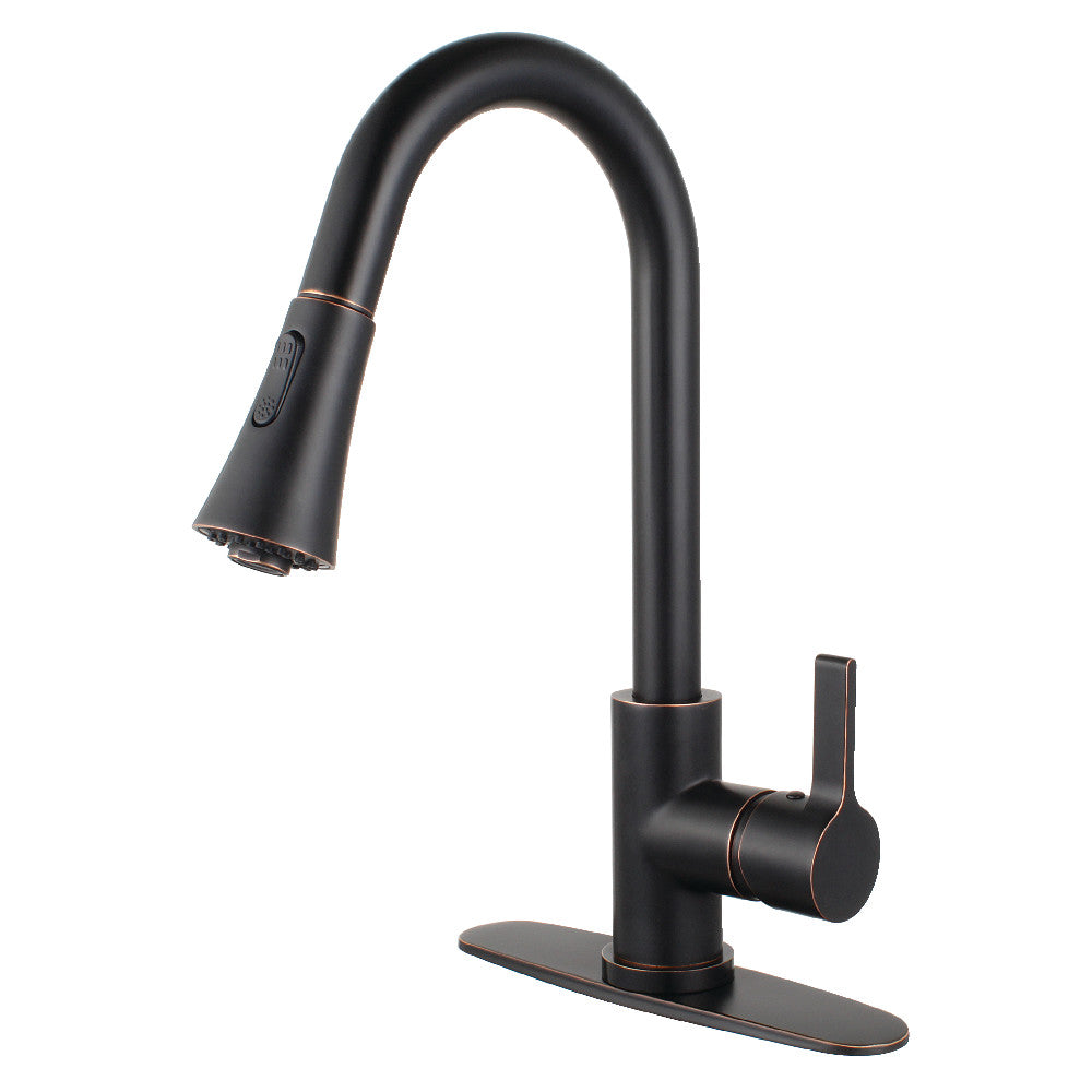Single-handle kitchen faucet with pull-down sprayer, dark finish and bronze accents