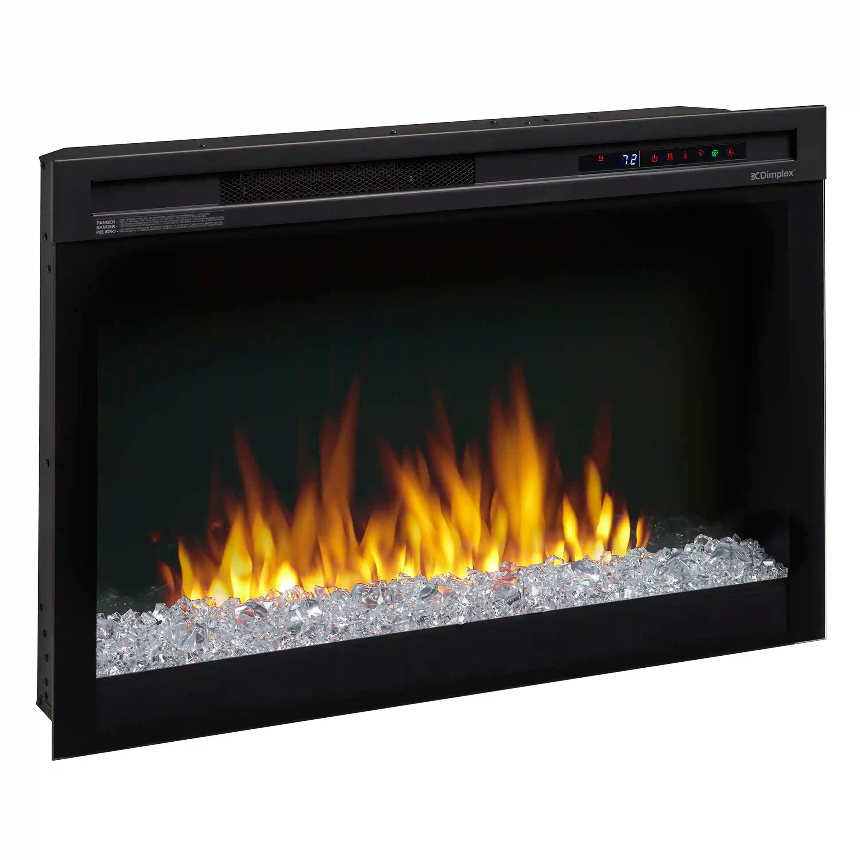 Black Dimplex electric firebox insert with glowing flames and silver acrylic ember bed