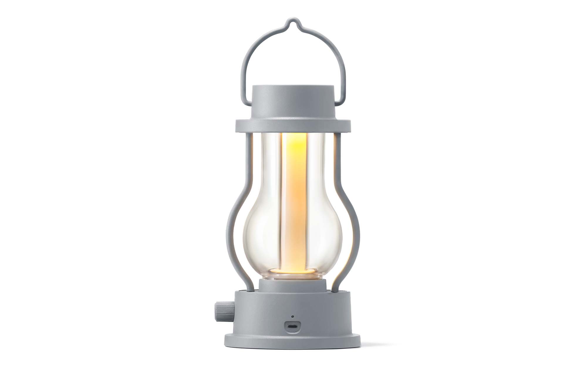 Rechargeable LED lantern in gray with handle and glowing glass tube