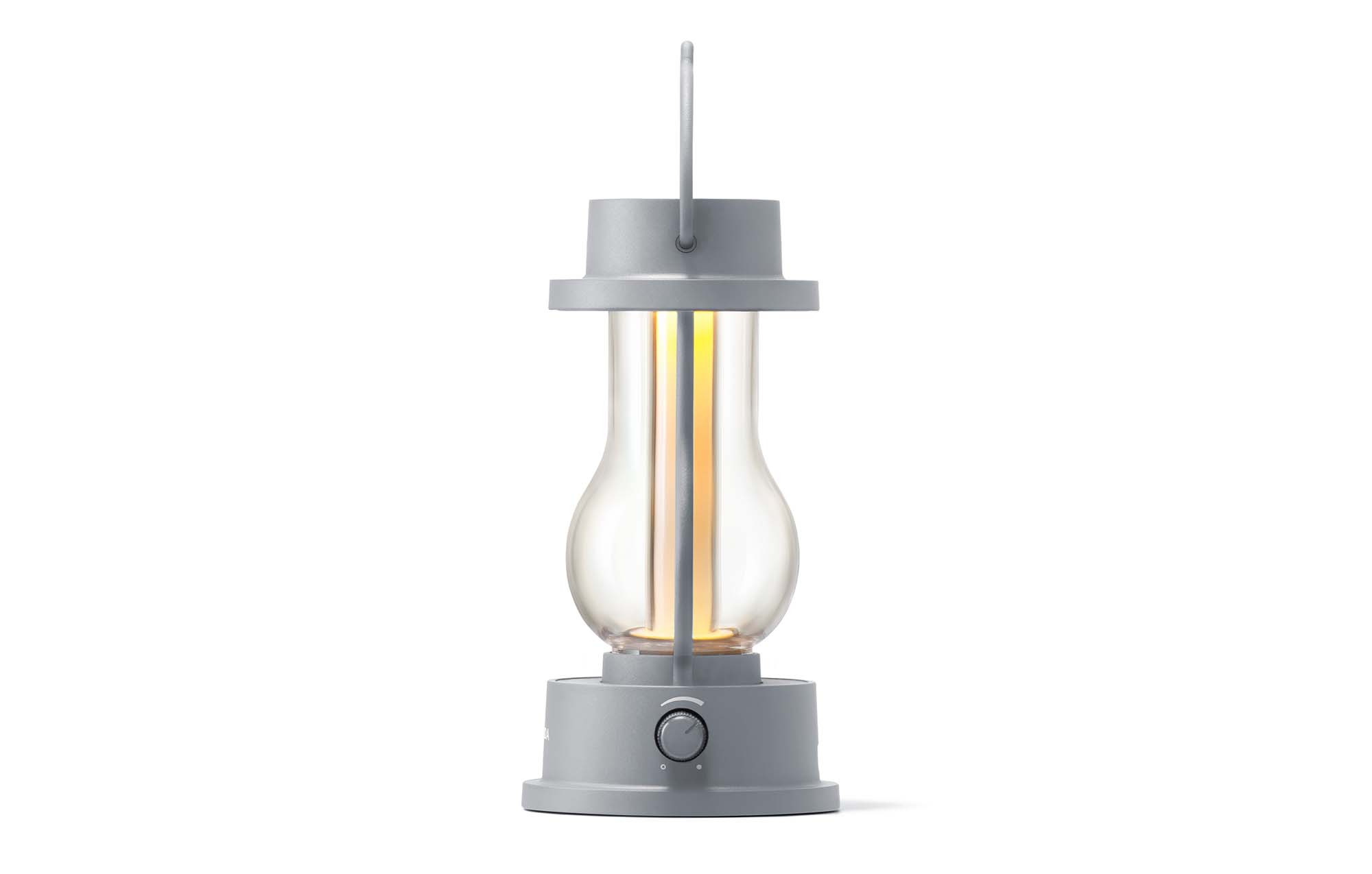 Rechargeable LED lantern in gray with side control and glowing glass tube