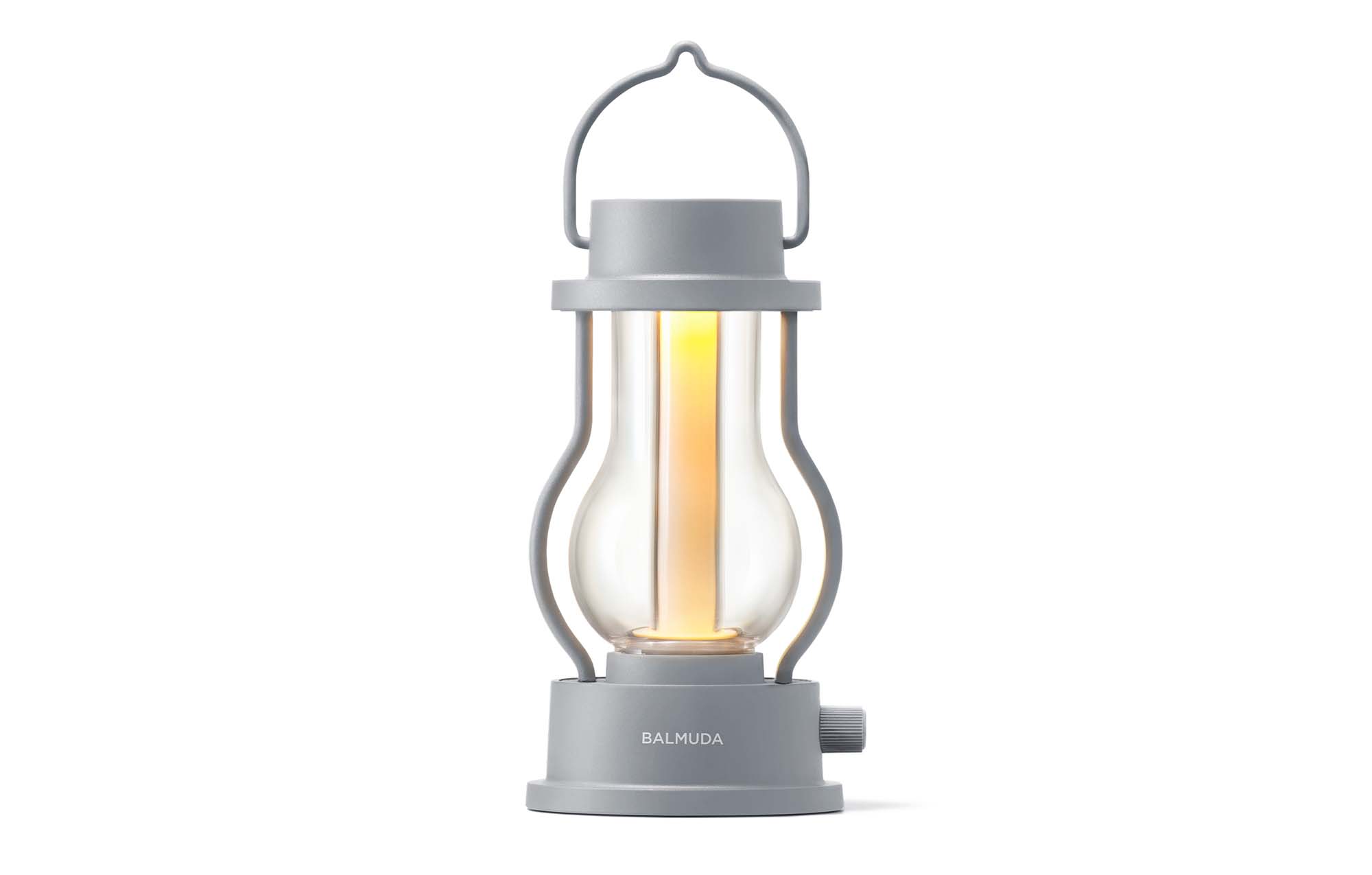 Rechargeable LED lantern in gray with handle and glowing glass body