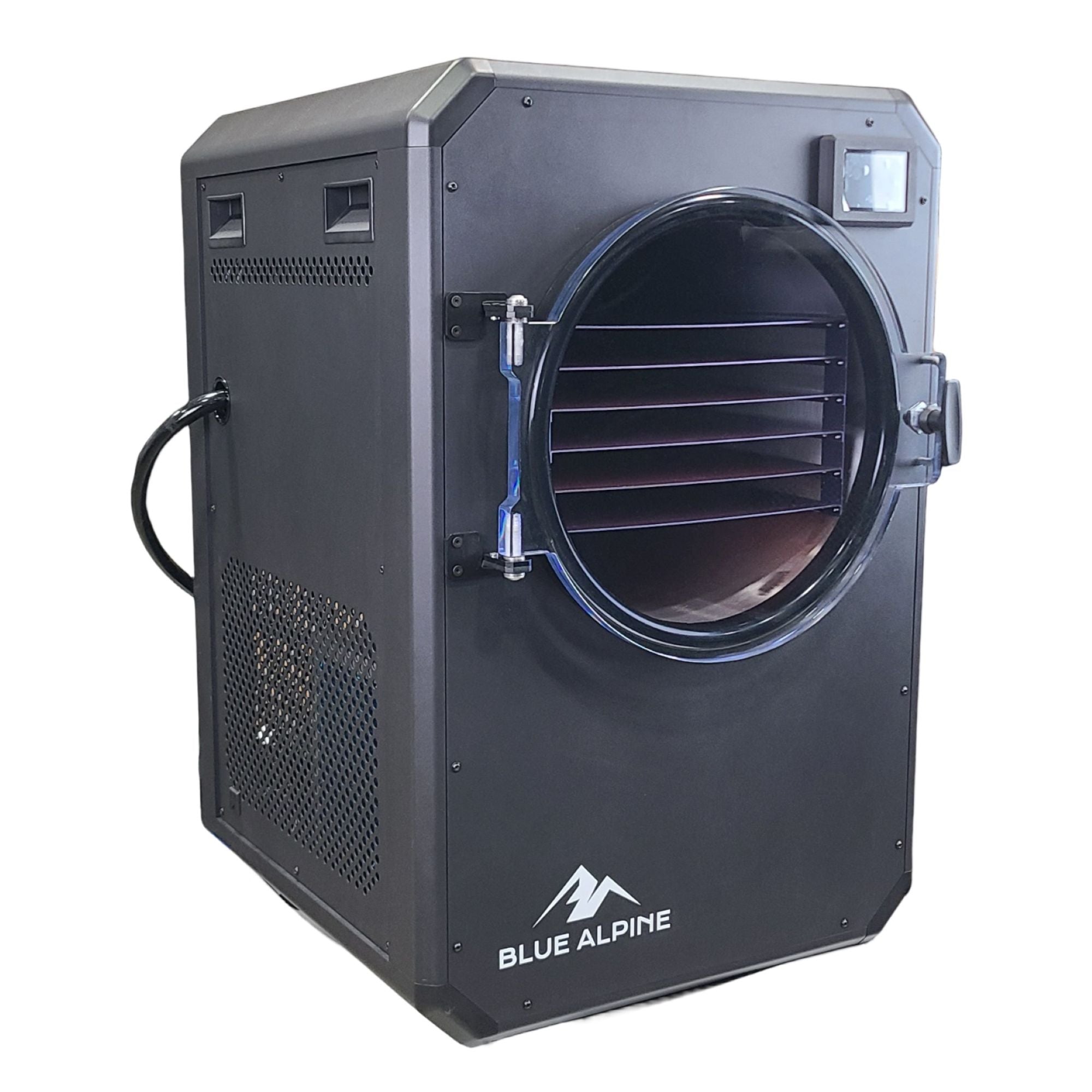 Freeze dryer unit with round door and black interior racks, dark gray body, side ventilation