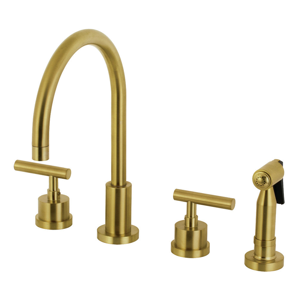 Brushed brass double-handle kitchen faucet with arched spout and brass sprayer