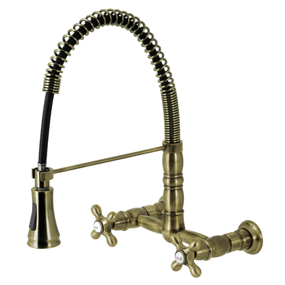 Antique brass wall-mount pre-rinse kitchen faucet, spring hose with two lever handles