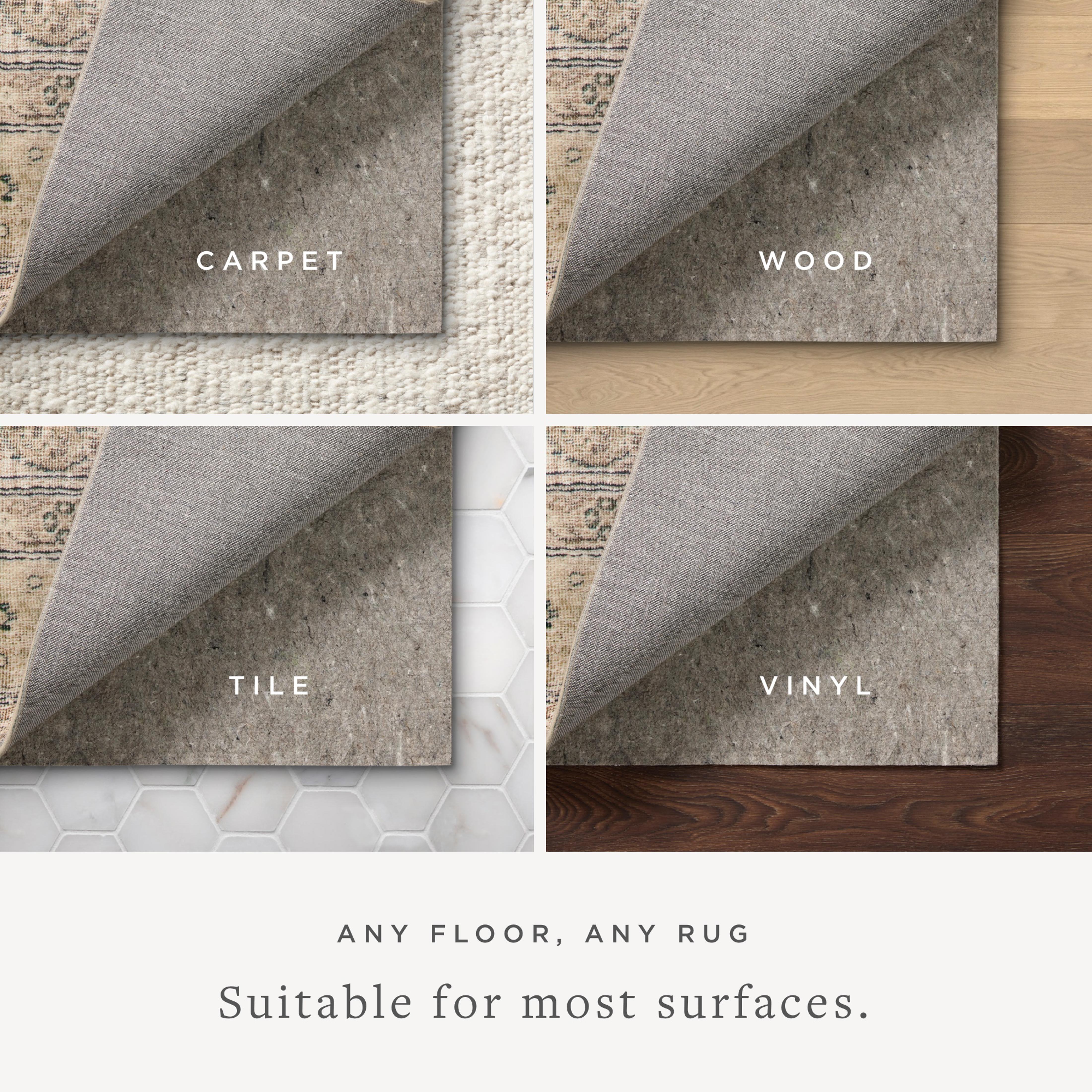 Grey rug pad shown for carpet, wood, tile, and vinyl surfaces as underlay.