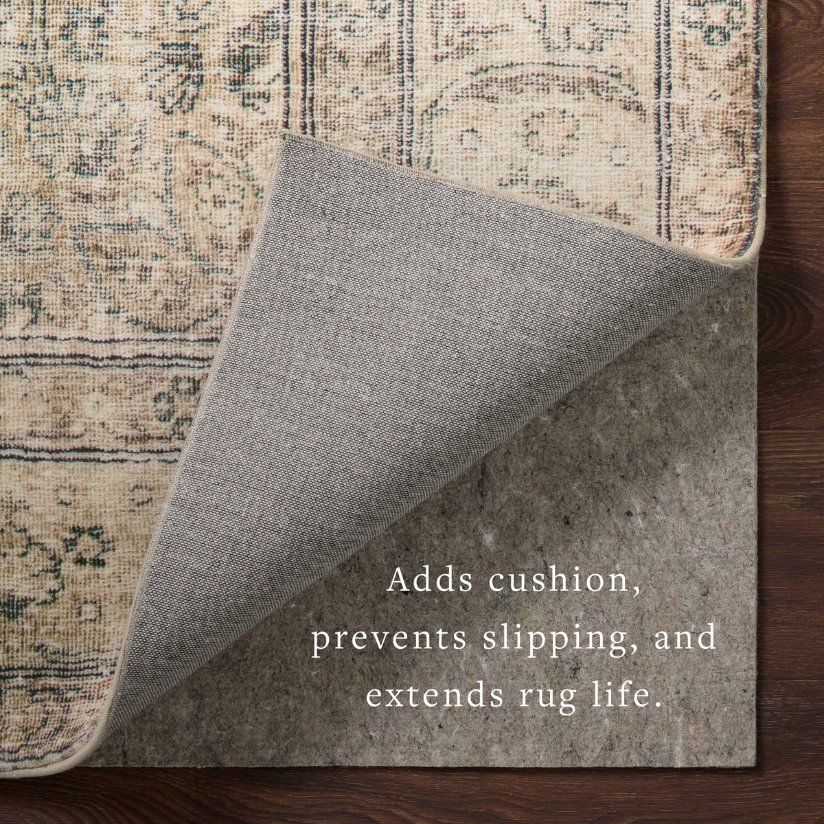 Grey rug grip pad corner with smooth edge for staying in place