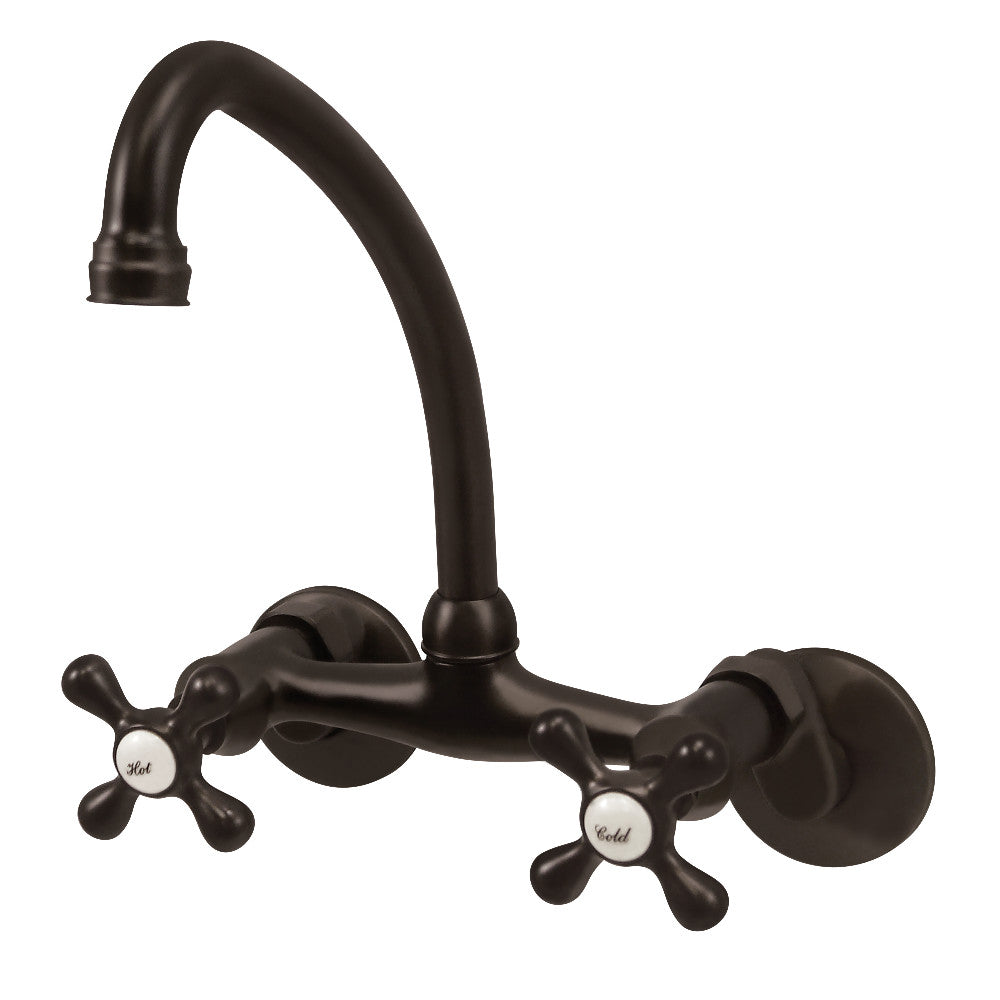 Oil-rubbed bronze bridge kitchen faucet with curved spout and dual cross handles
